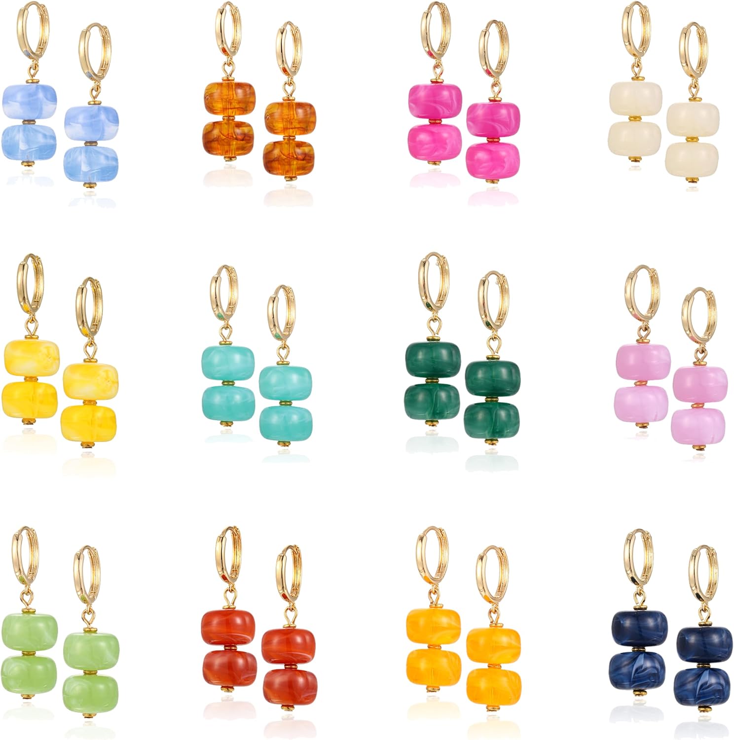 BROCC 12Pcs Colorful Resin Beaded Drop Earrings Acrylic Hoop Dangle Earring | Lightweight Acrylic Resin, Boho Statement Jewelry, For Women, Daily Wear Beach Party Summer Vacation