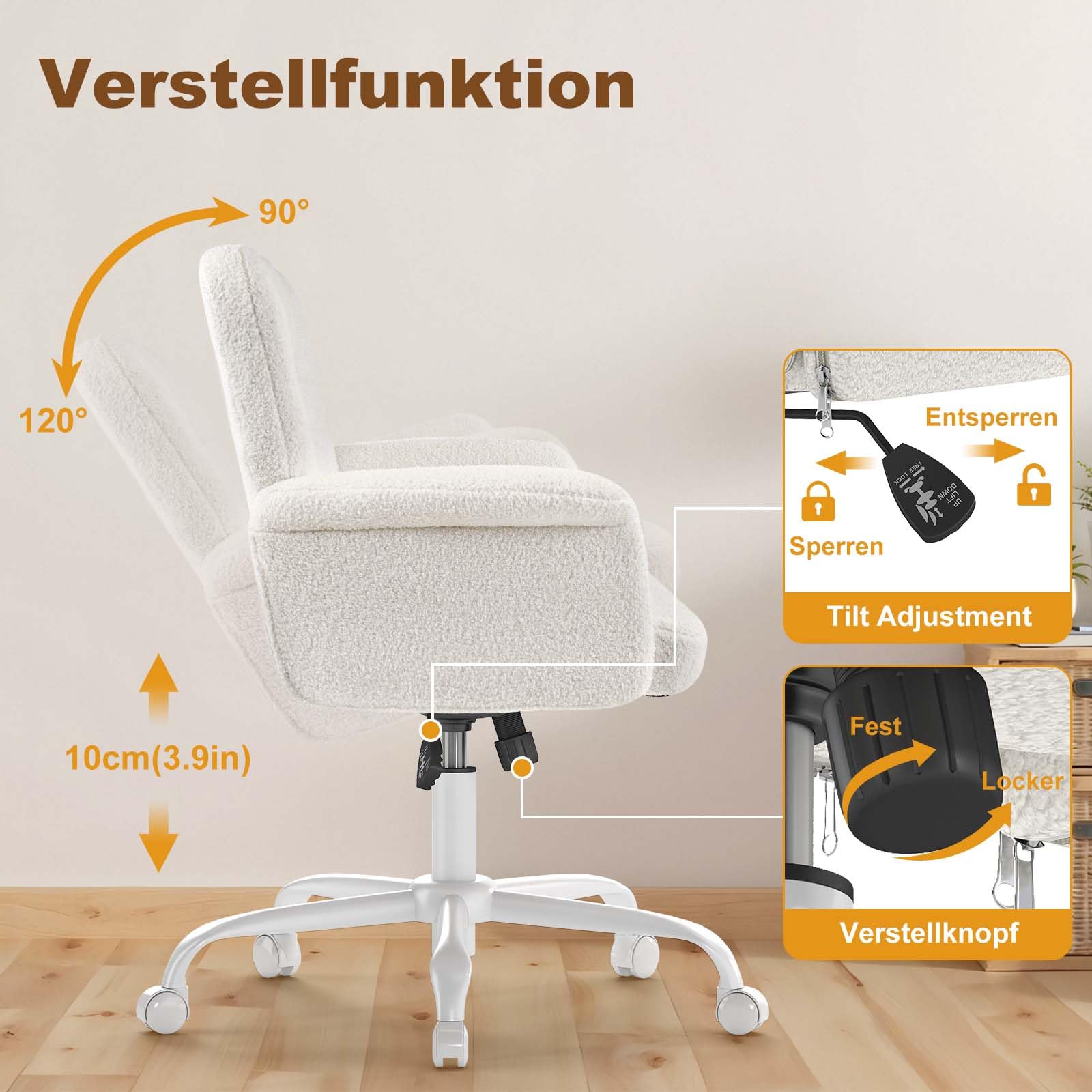 Silla Oficina, sillón Maquillaje Acolchado c/Ruedas y Brazos, Asiento Giratorio Felpa Teddy Regulable, Ideal para salón, Dormitorio, Maquillaje y salón, Blanco