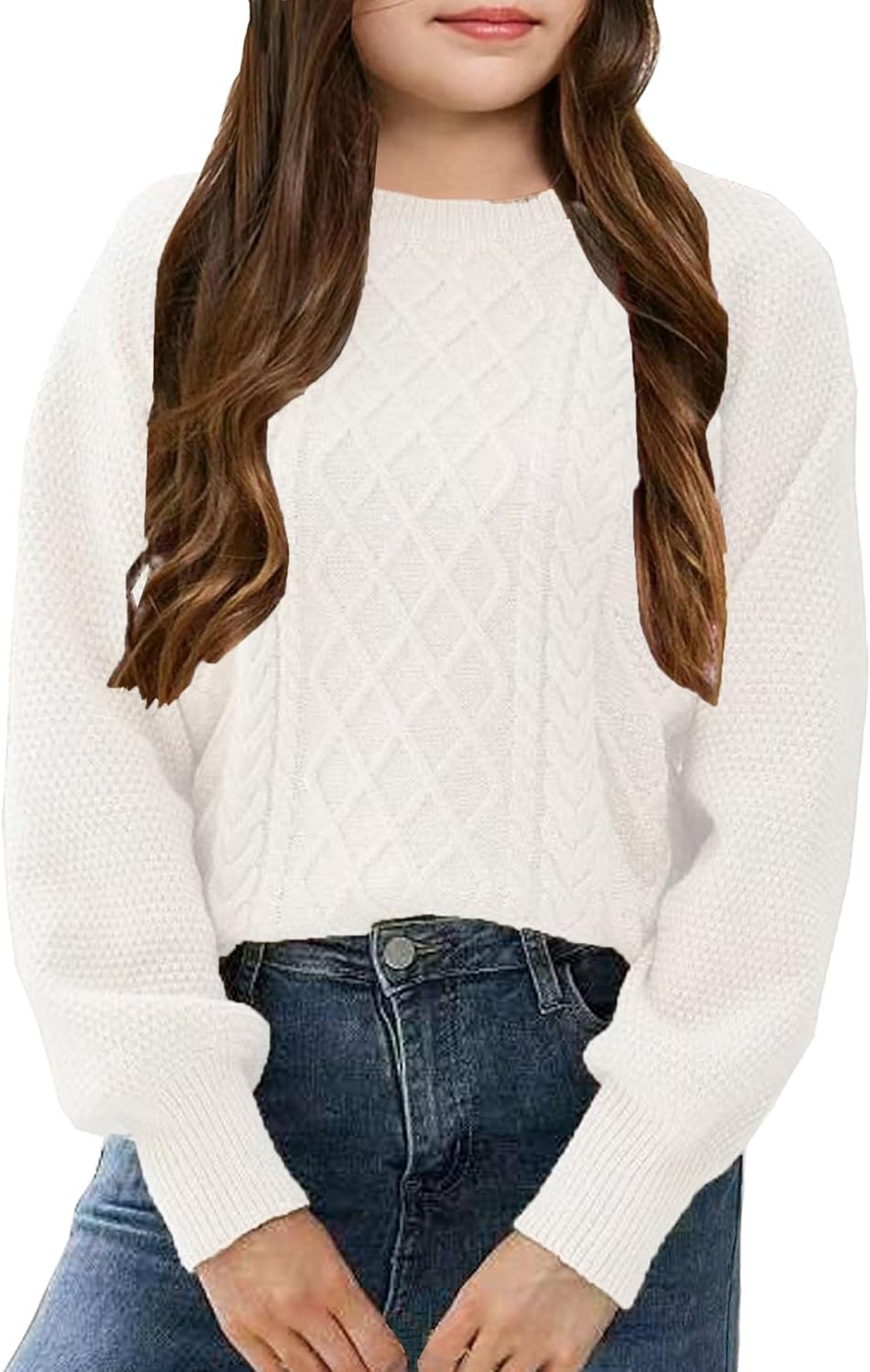 Girl's Sweater Cable Knit Long Sleeves Crew Neck Soft Casual Pullover Sweaters