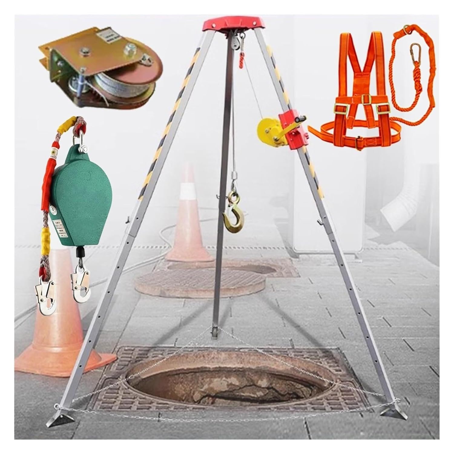 Manhole Rescue Tripod - Confined Space Tripod Kit with 1200Lbs 1800 2600 Lbs Winch Fall Protection Heavy Duty