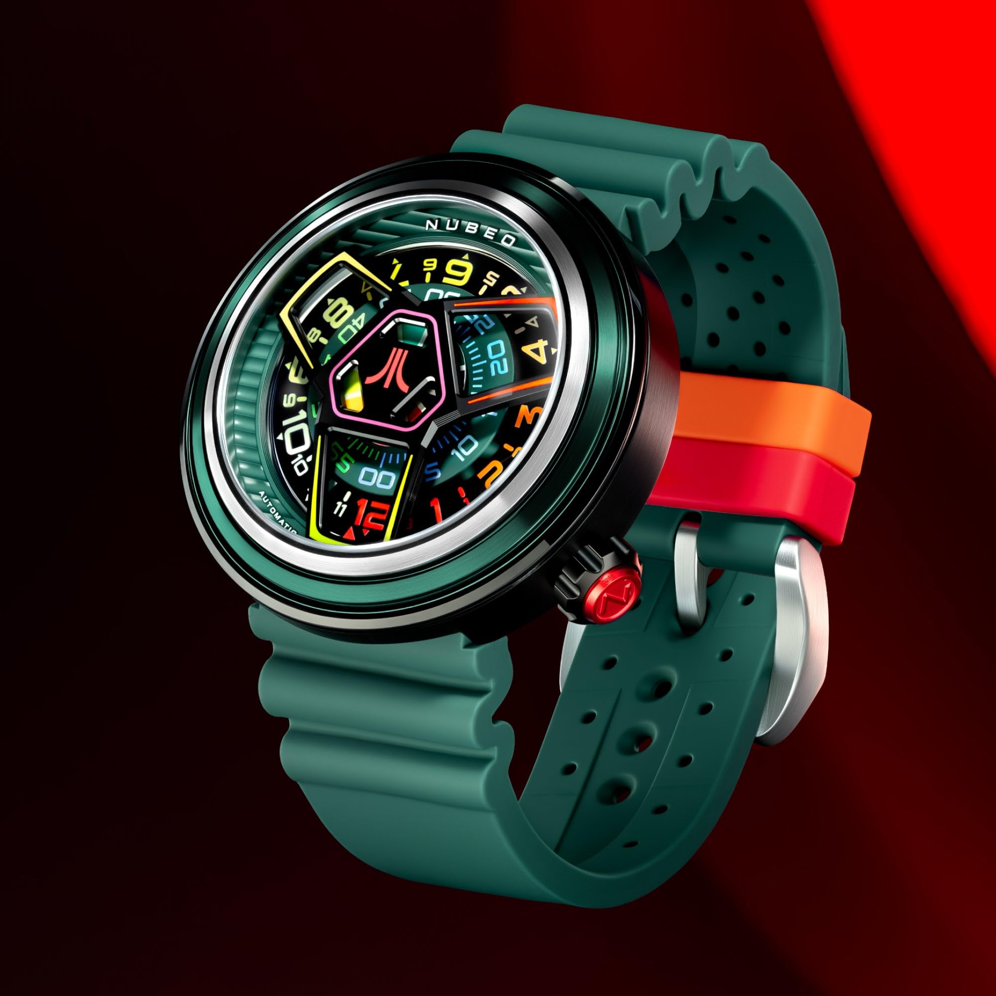 Nubeo Ventana Reloj automático Atari Gamestation Pro para hombre con correa de goma 48 mm NB-6125