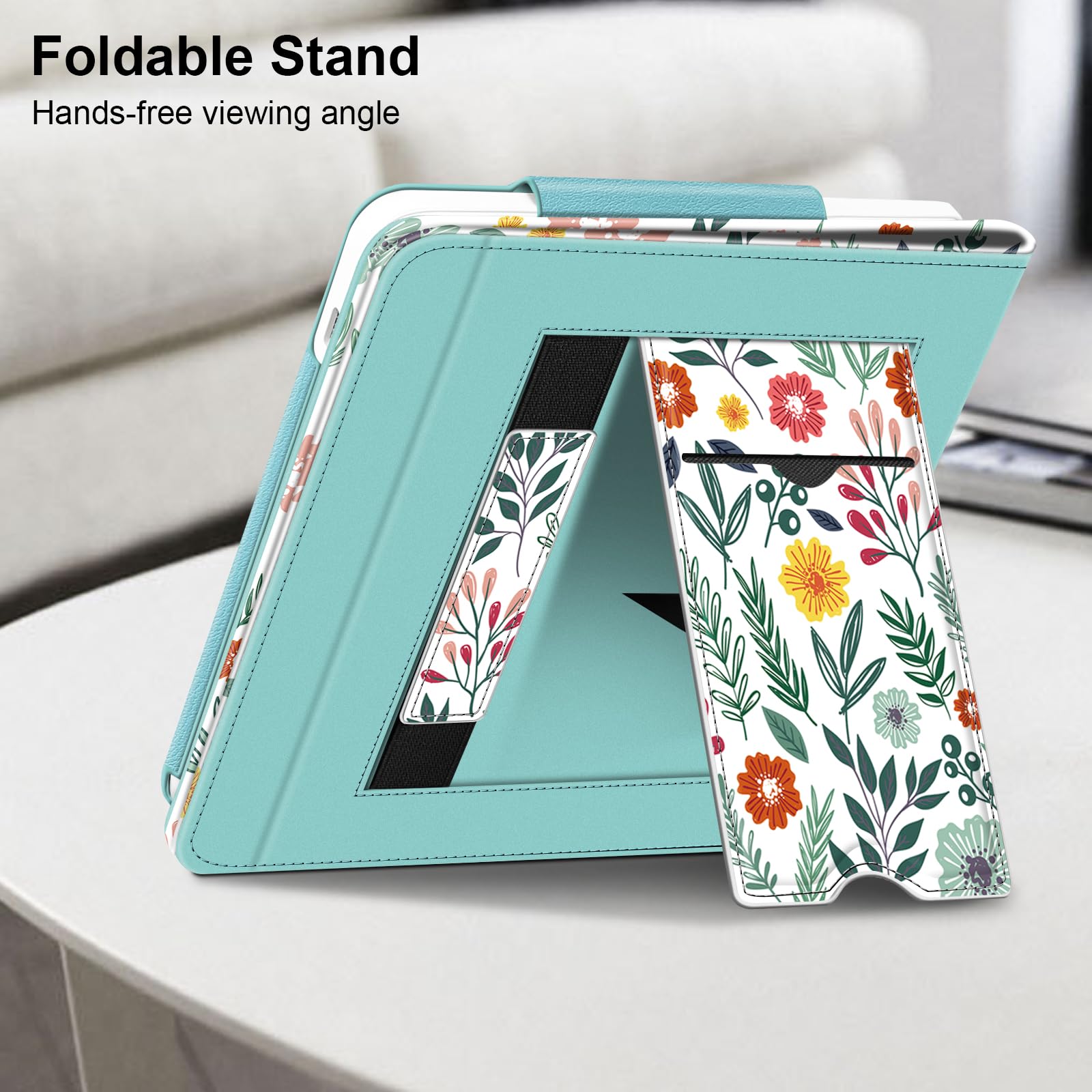 FINTIE Étui Compatible avec 7" Kobo Libra Colour 2024 / Kobo Libra 2 2021 (Modèle: N428 / N418), Coque Liseuse avec Béquille et Fente pour Carte et Dragonne, Fleur Printanière