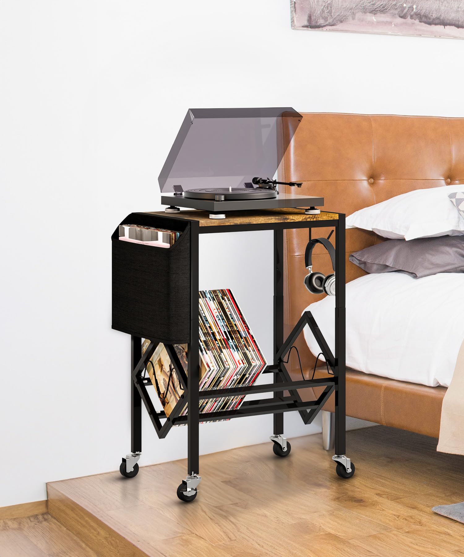 Yorbay Support pour Tourne-disques Vinyles avec Sac d’Organisation Table de Platine 2 Niveaux pour 200 Albums Disques CDs Cadeau pour Amateur de Musique Salon Chambre à Coucher - Noir