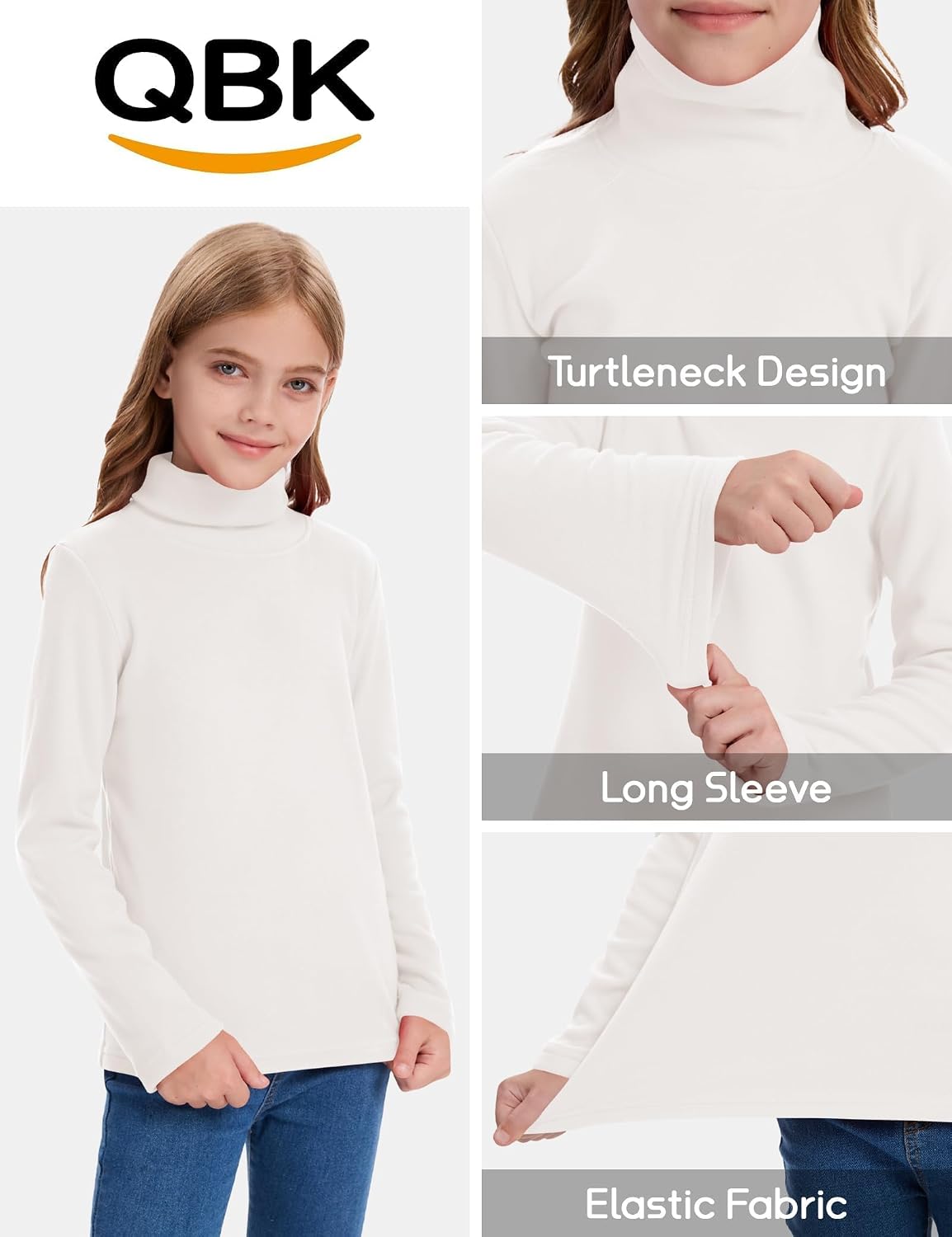 QBK Girls' Long Sleeve Fleece Turtleneck T-Shirt Kids Basic High Neck Casual Trendy Soft Base Layer Tee Tops(4t-12Years)