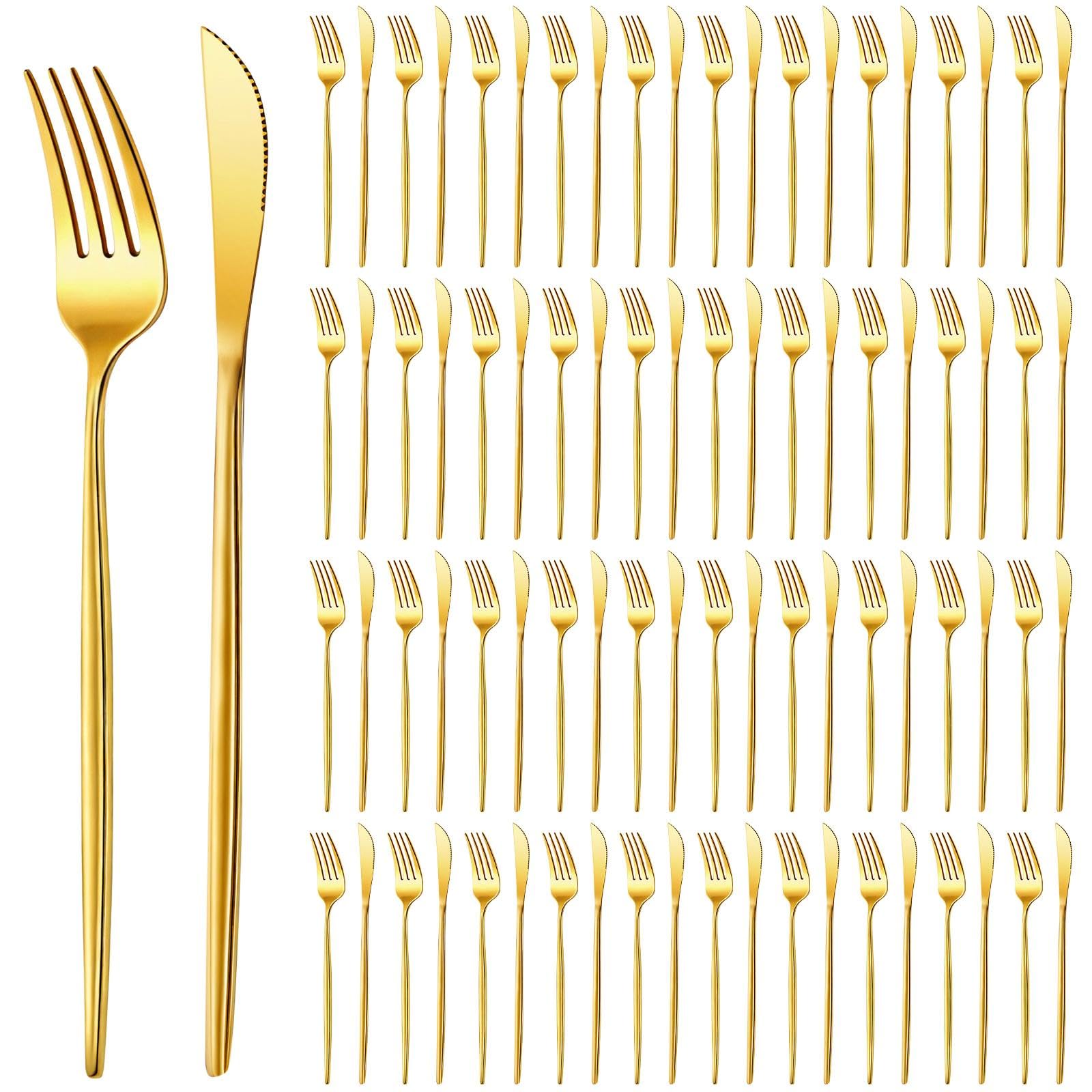 100-teiliges Goldenes Besteckset Aus Edelstahl, Bestehend Aus Gabeln Und Messern, Steakmessern, Gabeln Und Silberbesteck, Spülmaschinenfest, Ideal Für Hochzeiten, Partys Und Restaurants.