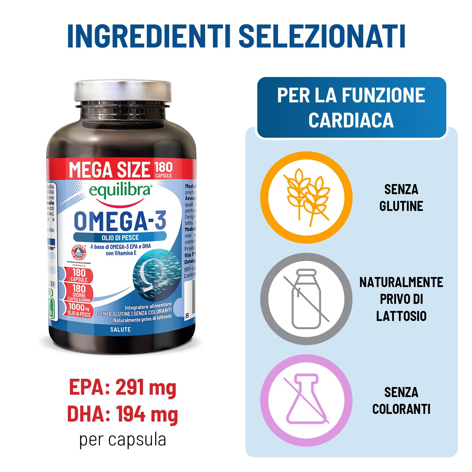 Equilibra Omega 3, Olio di Pesce 2000mg, EPA 582mg e DHA 388mg per Dose max, Scorta 6 mesi, 180 capsule, Normale Funzione Cardiaca, Funzionalità Cerebrale e Capacità Visiva, Senza Glutine e Lattosio
