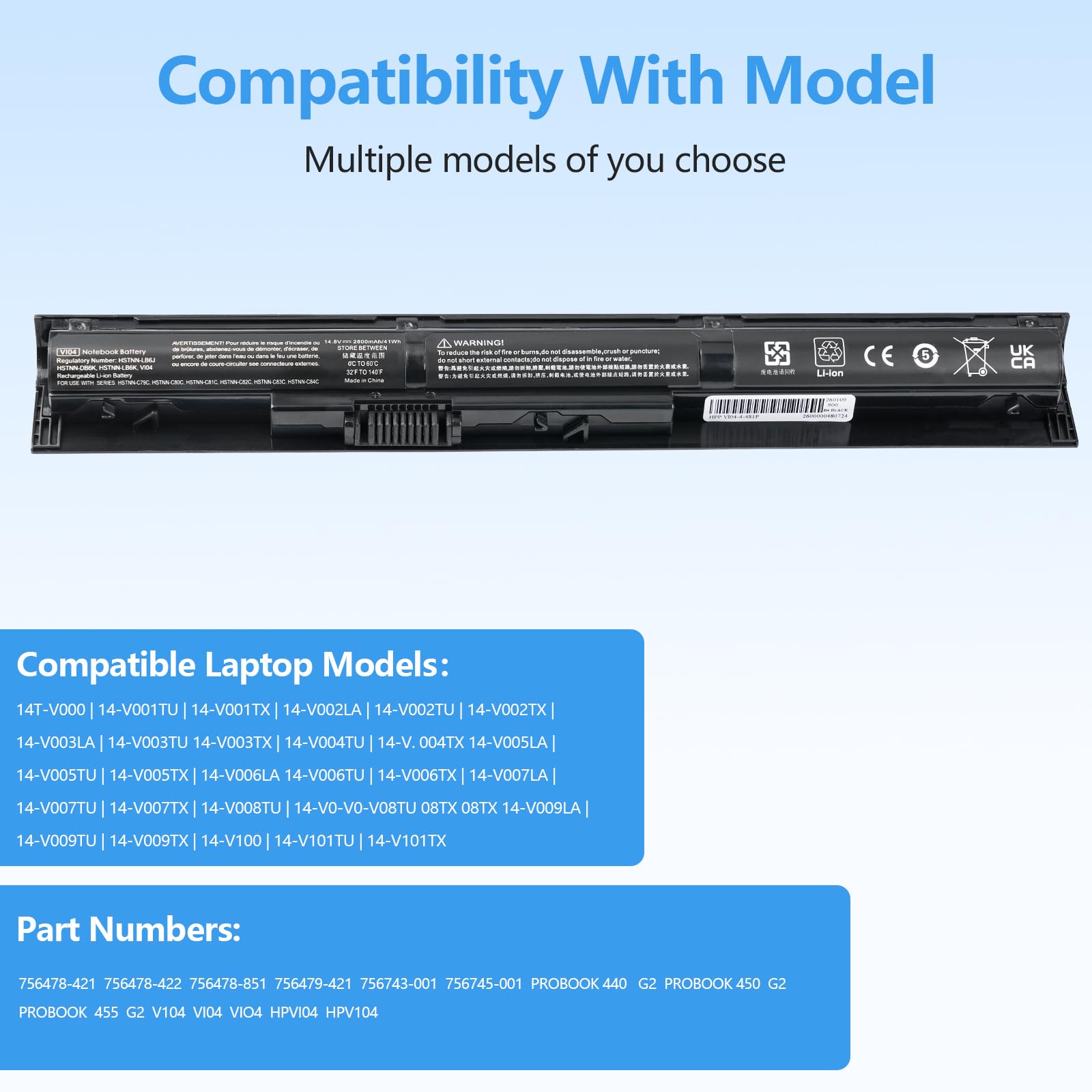 2800mAh V104 756743-001 VI04 756478-421 Batterie pour HP ProBook 450 G2 455 G2 440 G2 756746-001 756744-001 756745-001 756478-851 756478-422 756479-421 【14.8V /41Wh/4-Cell】