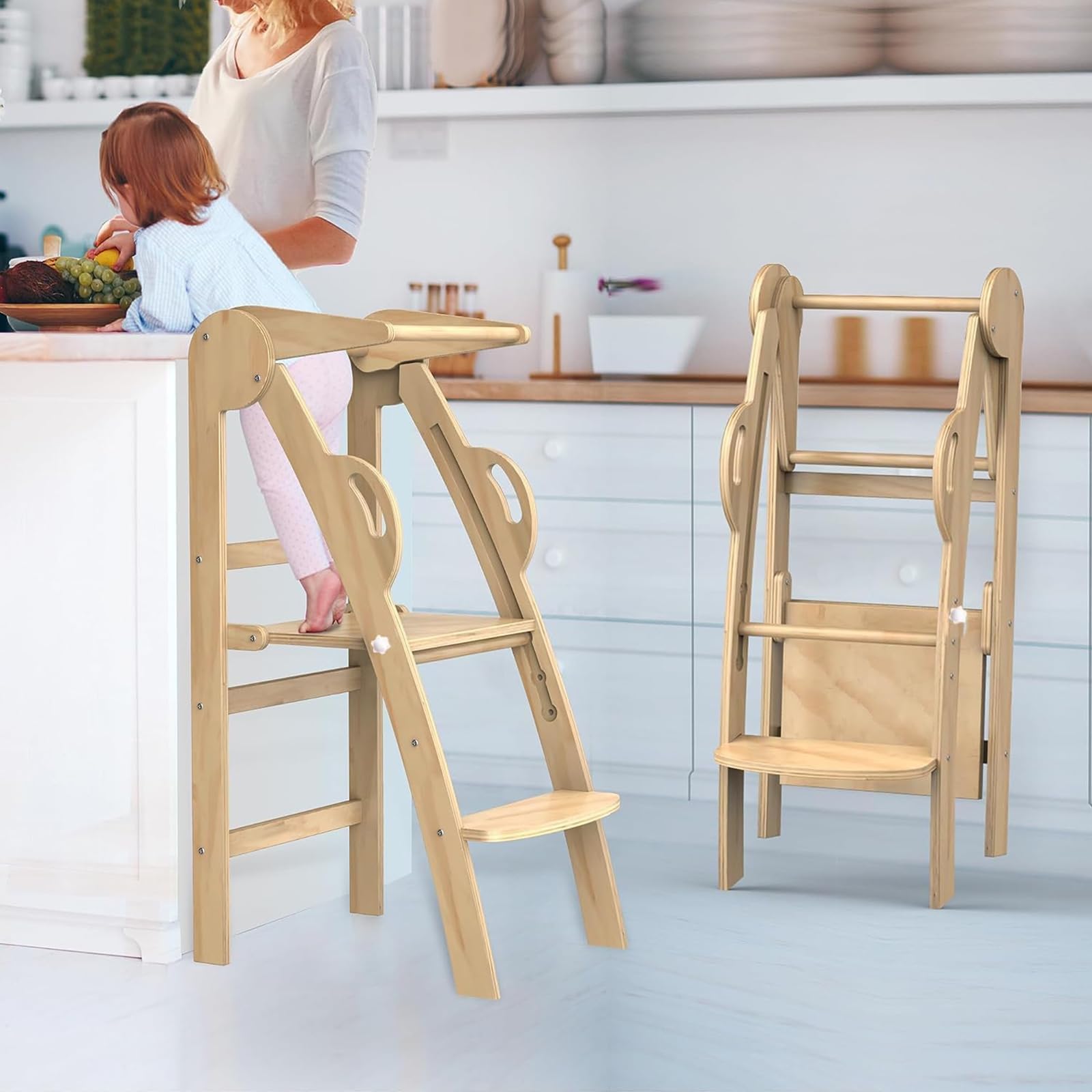 Hcosmy Toddler Step Stool, Kids Wooden Foldable Learning Tower, Adjustable Kitchen Helper Stool, Natural Wooden kids Furniture with Safety Handrail for Kitchen Counter Bathroom