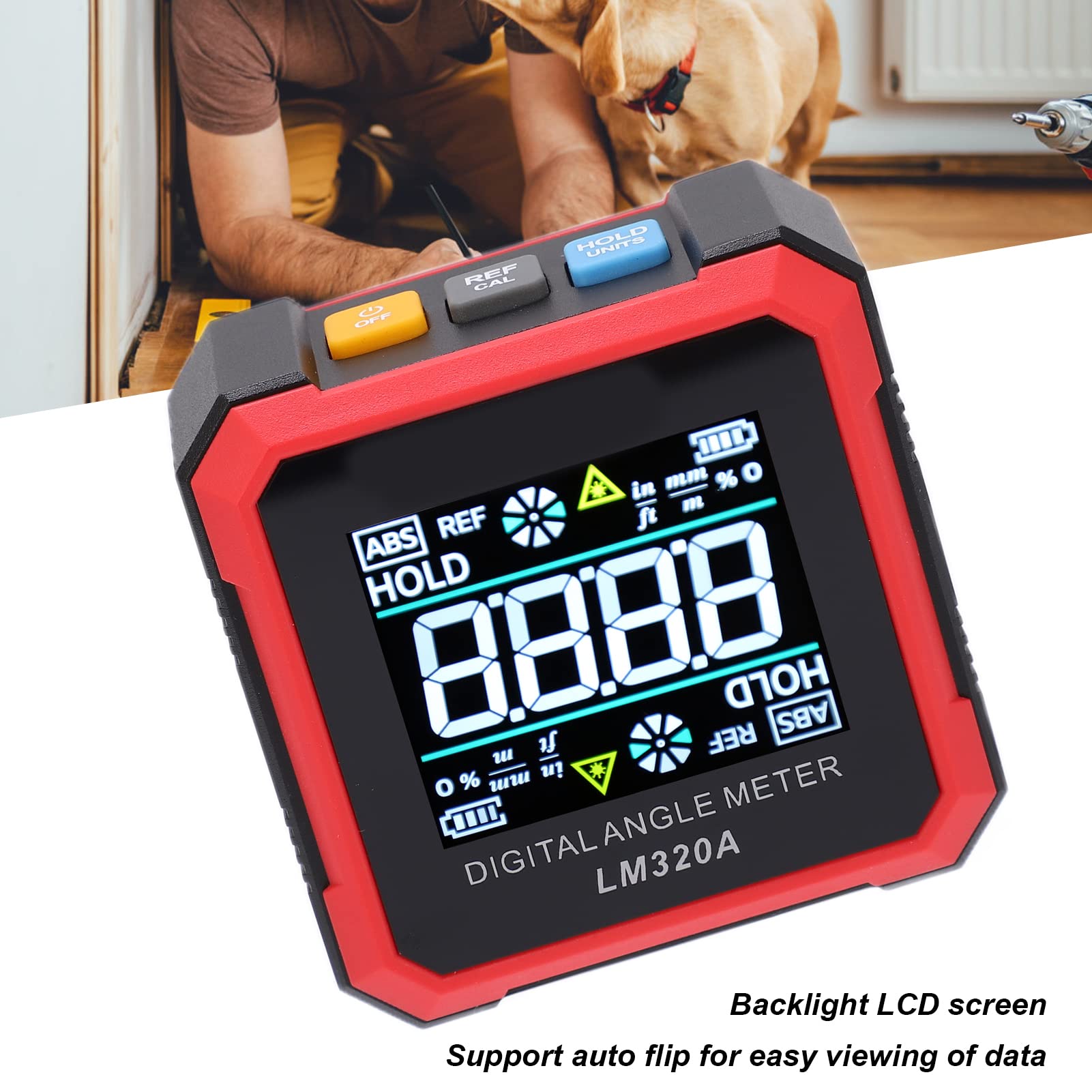 Per costruzioni e lavorazioni meccaniche - Inclinometro digitale LM320A e goniometro con misuratore angolare con display LCD retroilluminato, ribaltamento automatico, base