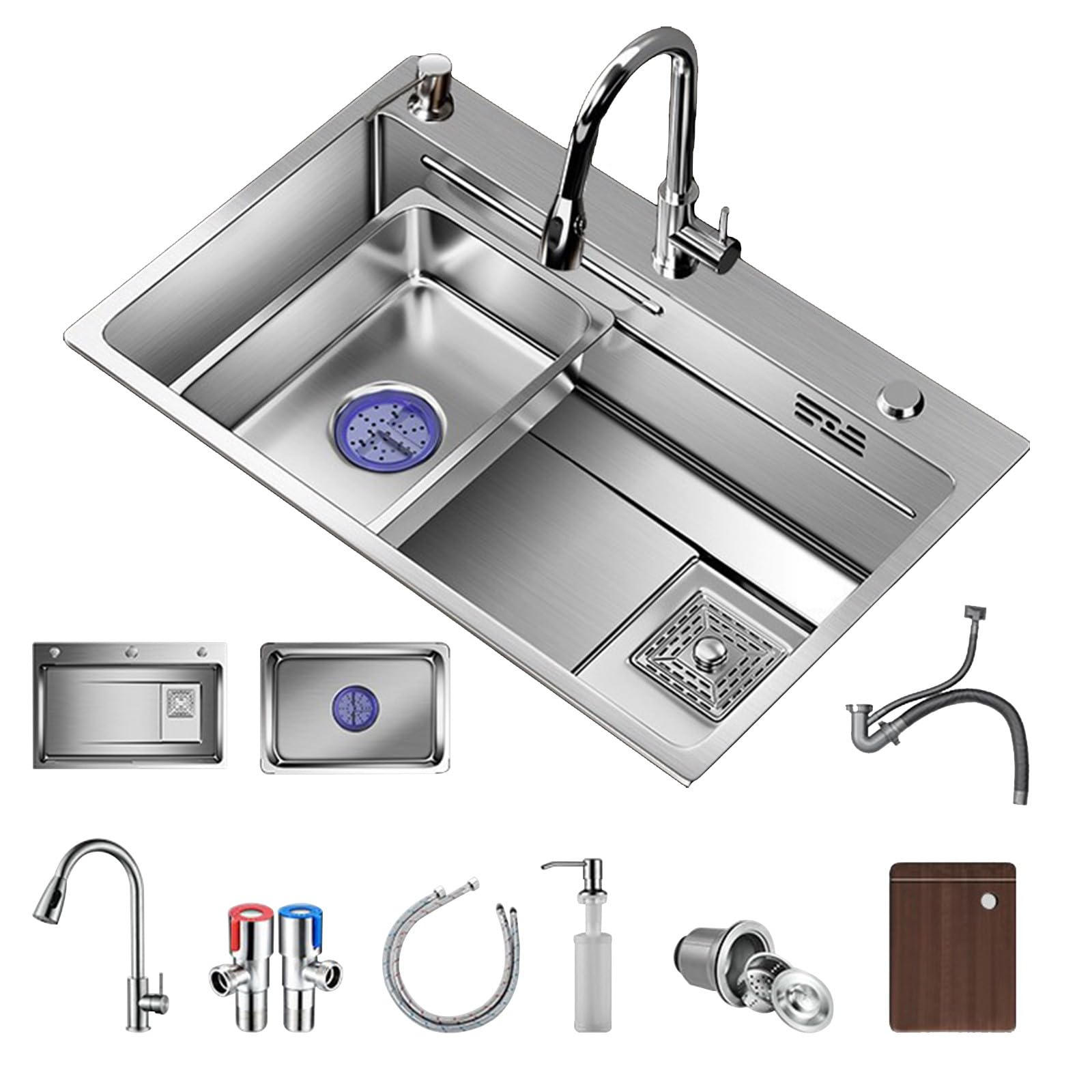 ZQFHSX Stainless Steel Workstation Kitchen Sink with Waterfall Faucet Pull-Out Sprayer Chopping Board & Accessories 75x45x21CM - Perfect for Dishwashing Food Prep