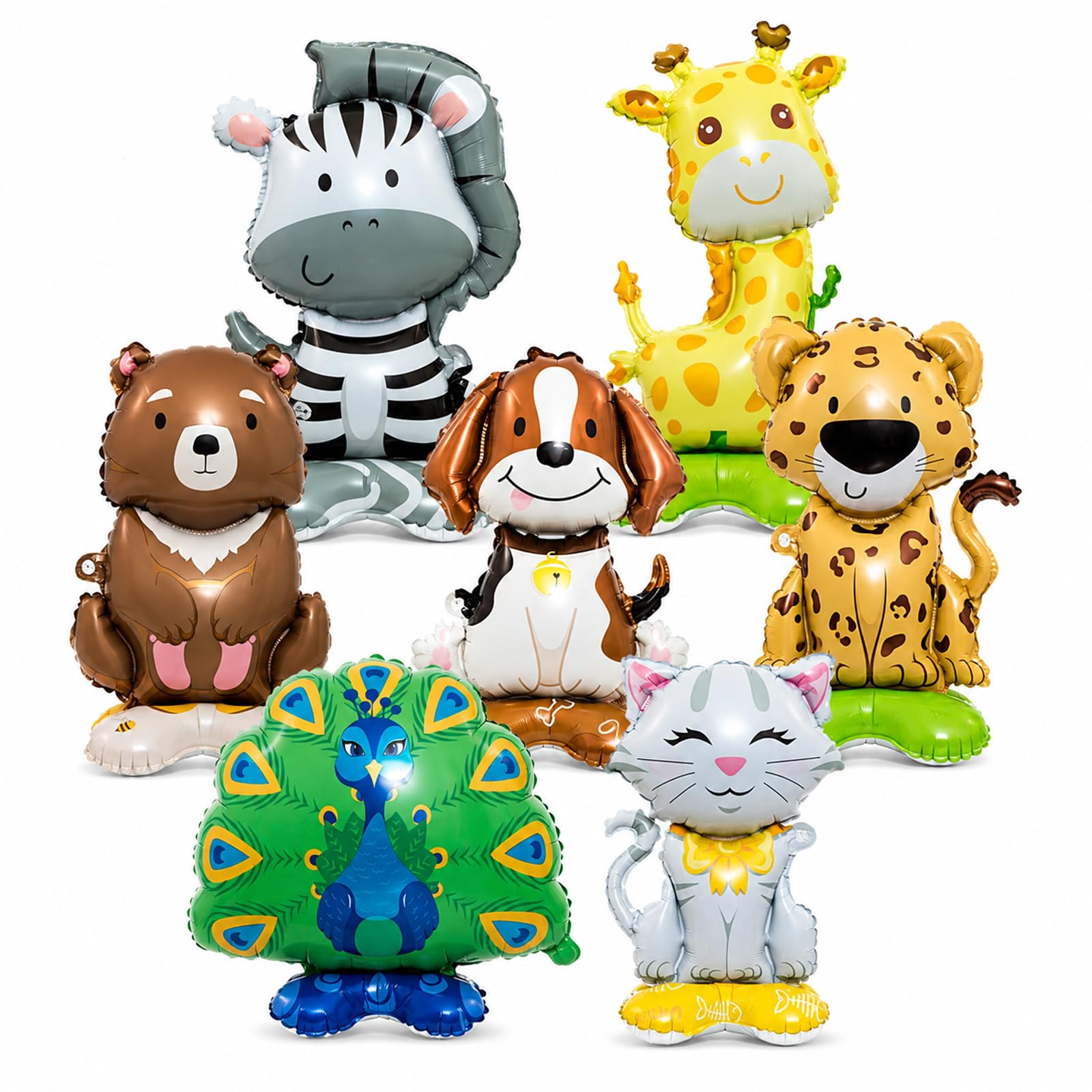 Bolosa Standing Jungle Animal Balloons, 7Pcs Safari Jungle Foil Balloons with Peacock, Giraffe & Zebra Designs, Kids Birthday Party Decorations for Jungles, Zoo, Wild One & Two Wild Theme