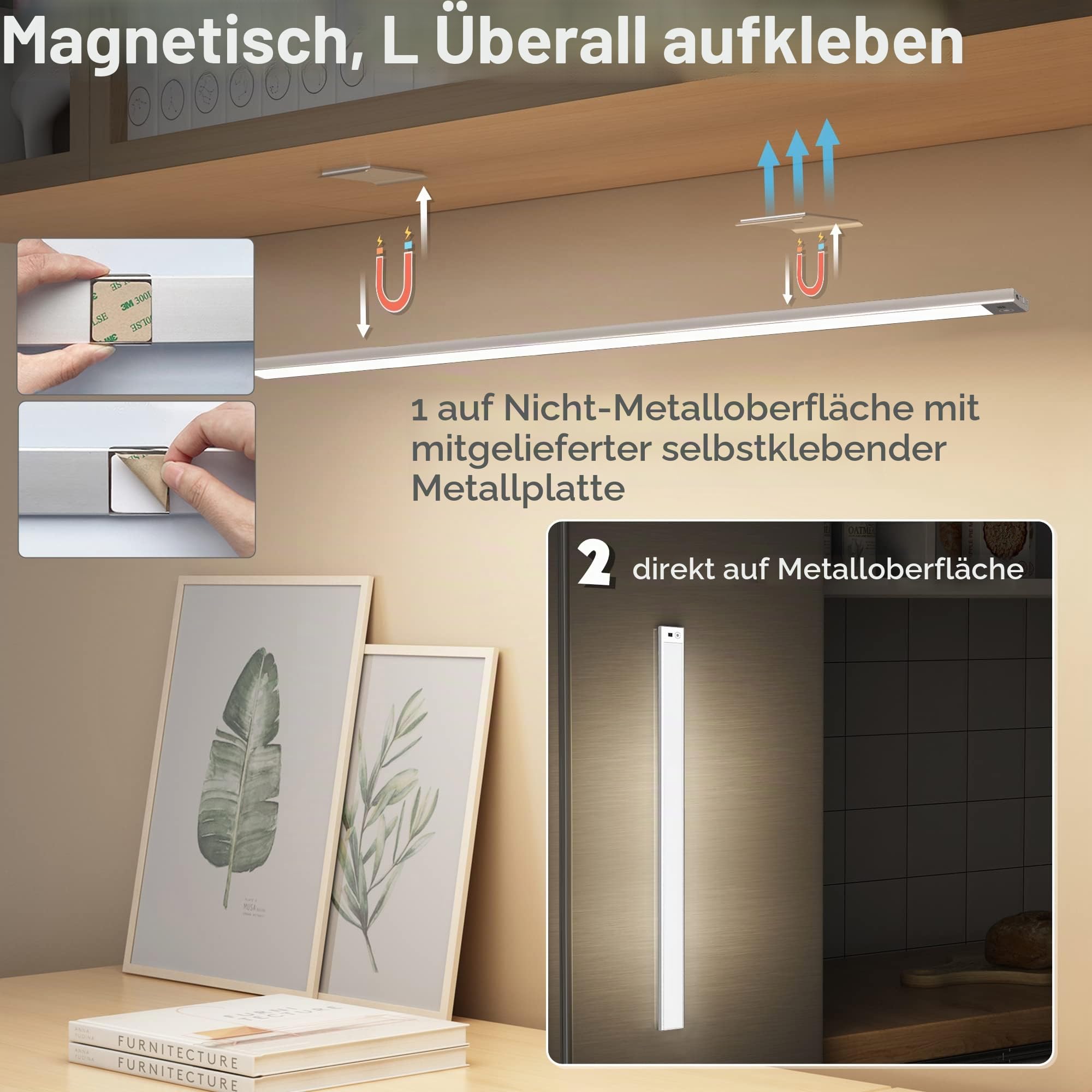LED dimmbare Unterbauleuchte 60CM Küche Lampe 4500mAh wiederaufladbar Schrankbeleuchtung An/Aus/Dimmen mit Handbewegung 2700K-6500K magnetische Lichtleiste für Küchenschrank Kleiderschrank