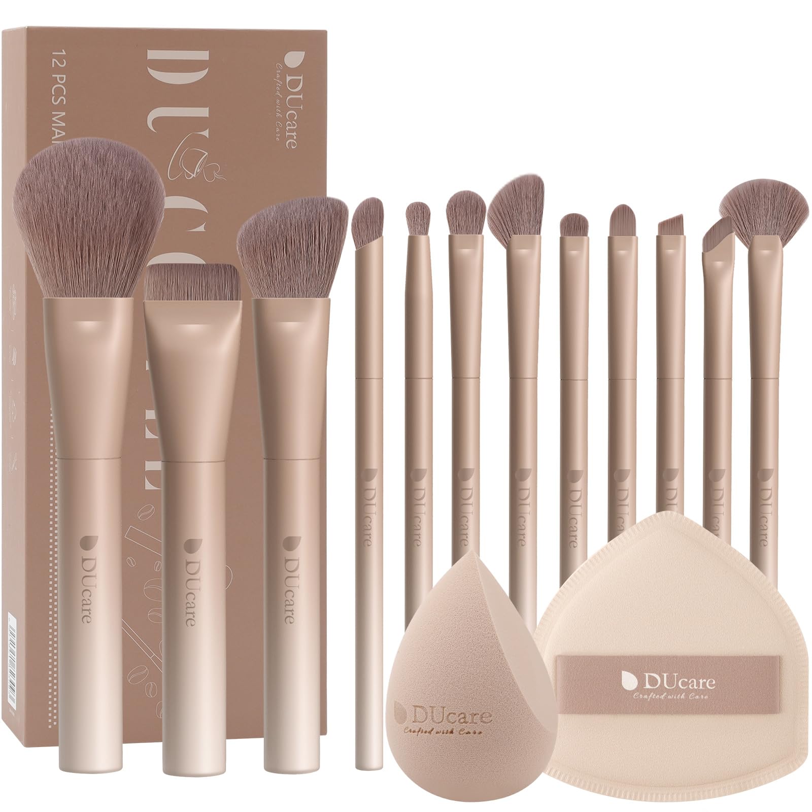 DUcare Juego de regalo de maquillaje de 14 piezas, set de 12 pinceles de maquillaje serie café con 2 esponjas de maquillaje para mezclar base, polvo facial, rubor, sombras de ojos