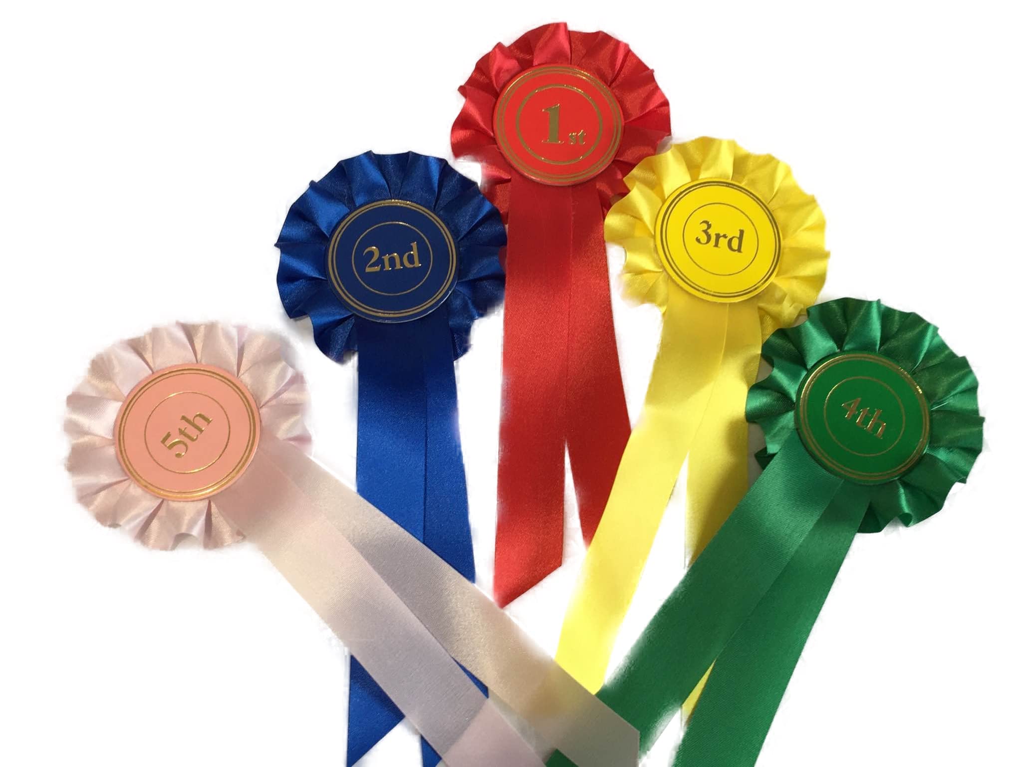 5 X 1 Tier Box Pleated Rosette Ribbon Award Prize. Ideal Set for Shows, Events and Fundraising (red, Blue, Yellow, Green, Pink (1st-5th) — image 1