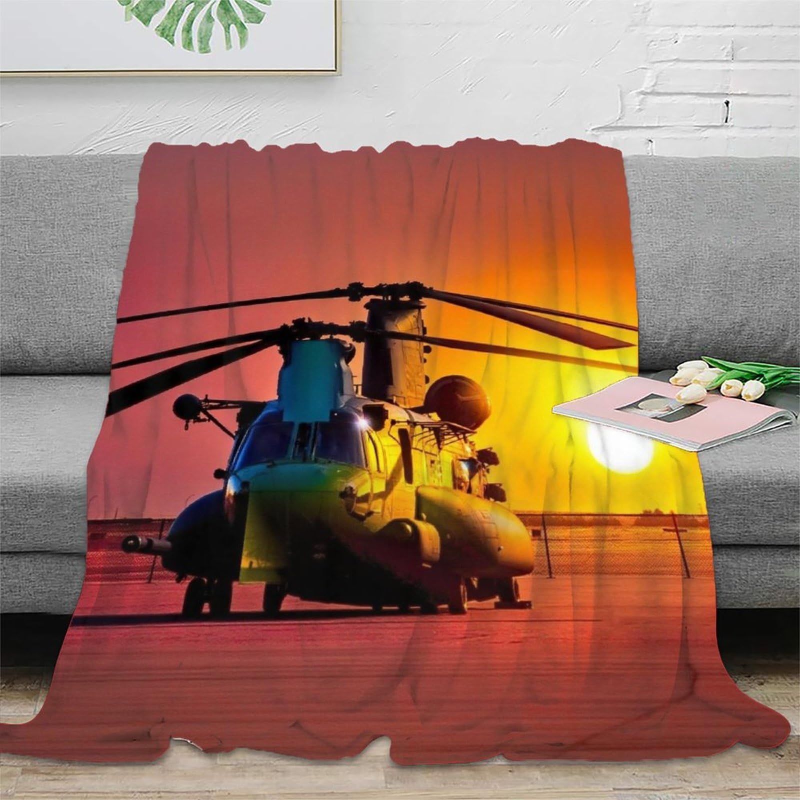 DAFUfbw Flannel Fleece 80x90inch(200x230cm) Blanket Chinook Under The Sunset for Bed, Soft Fluffy Velvet Bed Blanket with Decorative Military Helicopter Pattern for All Season, Warm & Lightweight