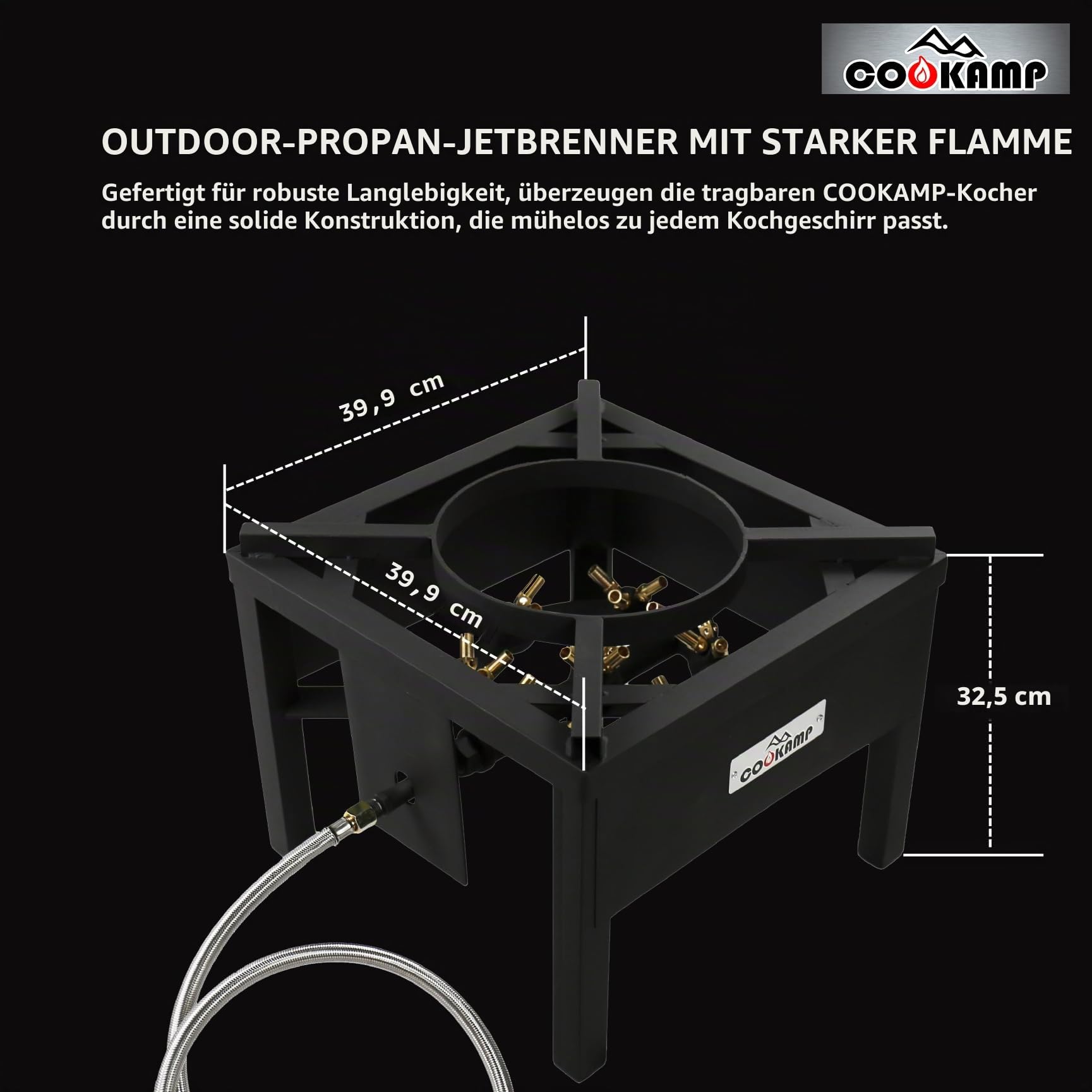 COOKAMP Jet Burner 23 Spitzen Outdoor Propangaskocher mit 0-20 PSI verstellbarem Regler und Stahlgeflechtschlauch SA1723