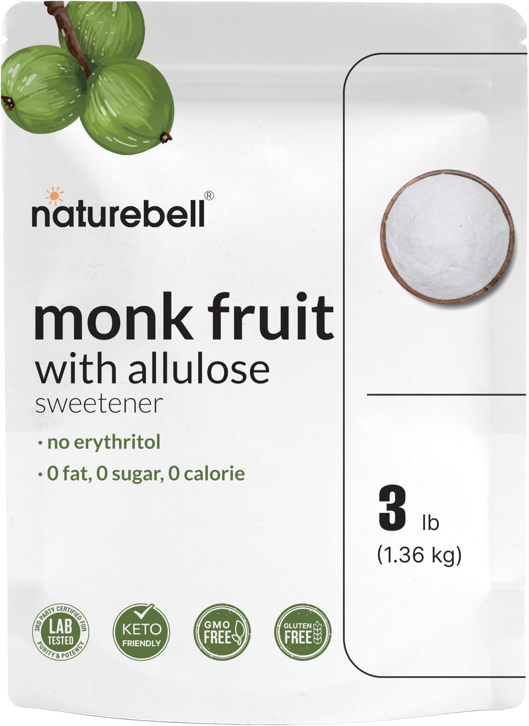 Monk Fruit and Alulose Sweetener Erythritol Free, 3 Pounds | 0 Residual Taste, 0 Calories, 0 Net Carbs - 1:1 Sugar Substitute - Perfect Sweet Balance for Baking, Cozi