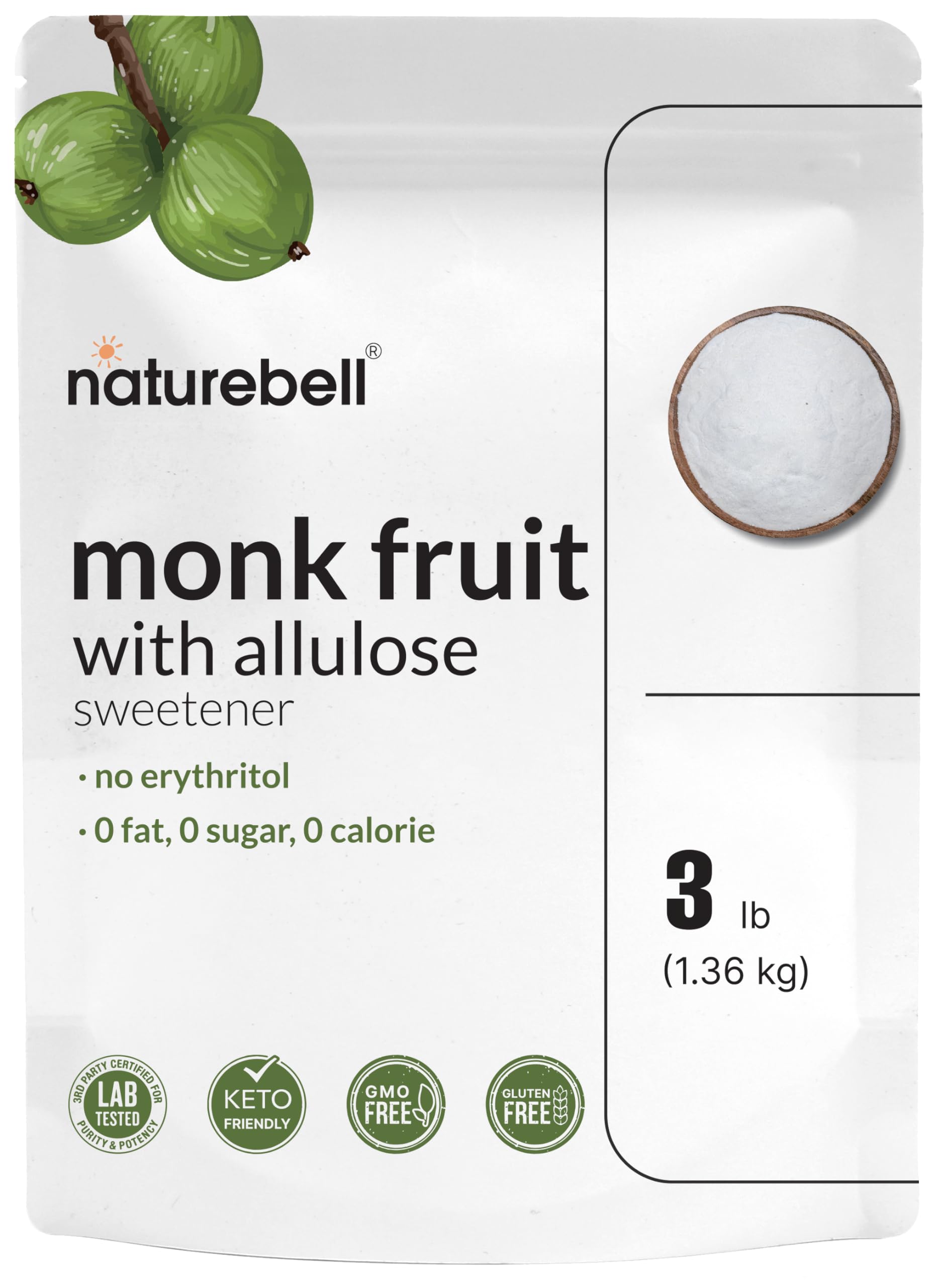 Monk Fruit & Allulose Sweetener with No Erythritol, 3 Pounds | 0 Aftertaste, 0 Calories, 0 Net Carbs – 1:1 Sugar Substitute – Perfect Sweet Balance for Baking, Cooking, Beverages – Keto, Vegan