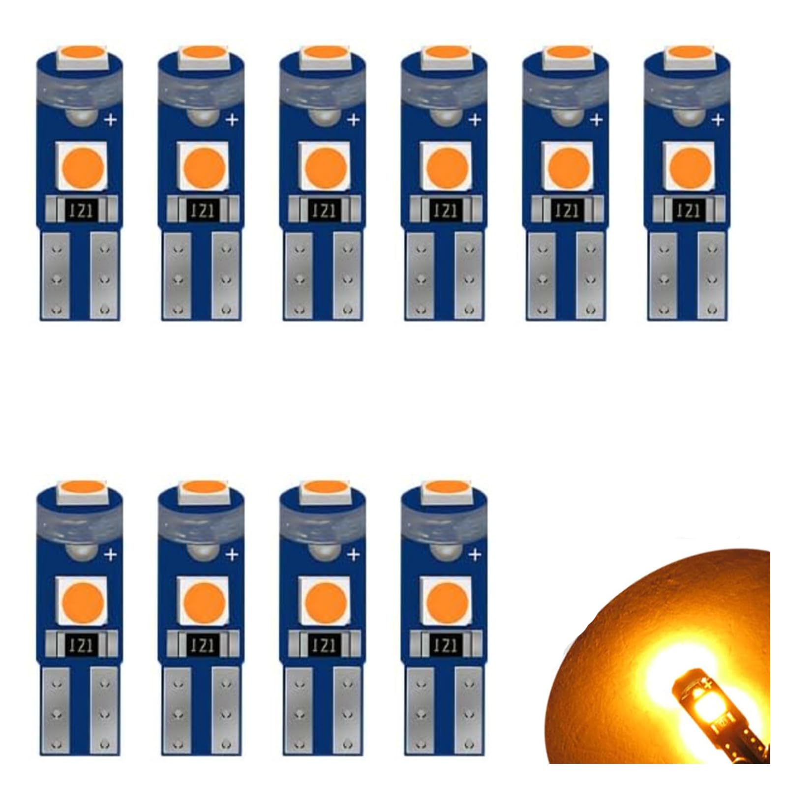 T5 LED Bombillas,2721 27 37 286 PC73 PC74 LED Bombilla,12V 20LM 0.4W 3SMD 3030 Chips,Adecuado para la sustitución de la luz del salpicadero del automóvil (Amarillo-10 Piezas)