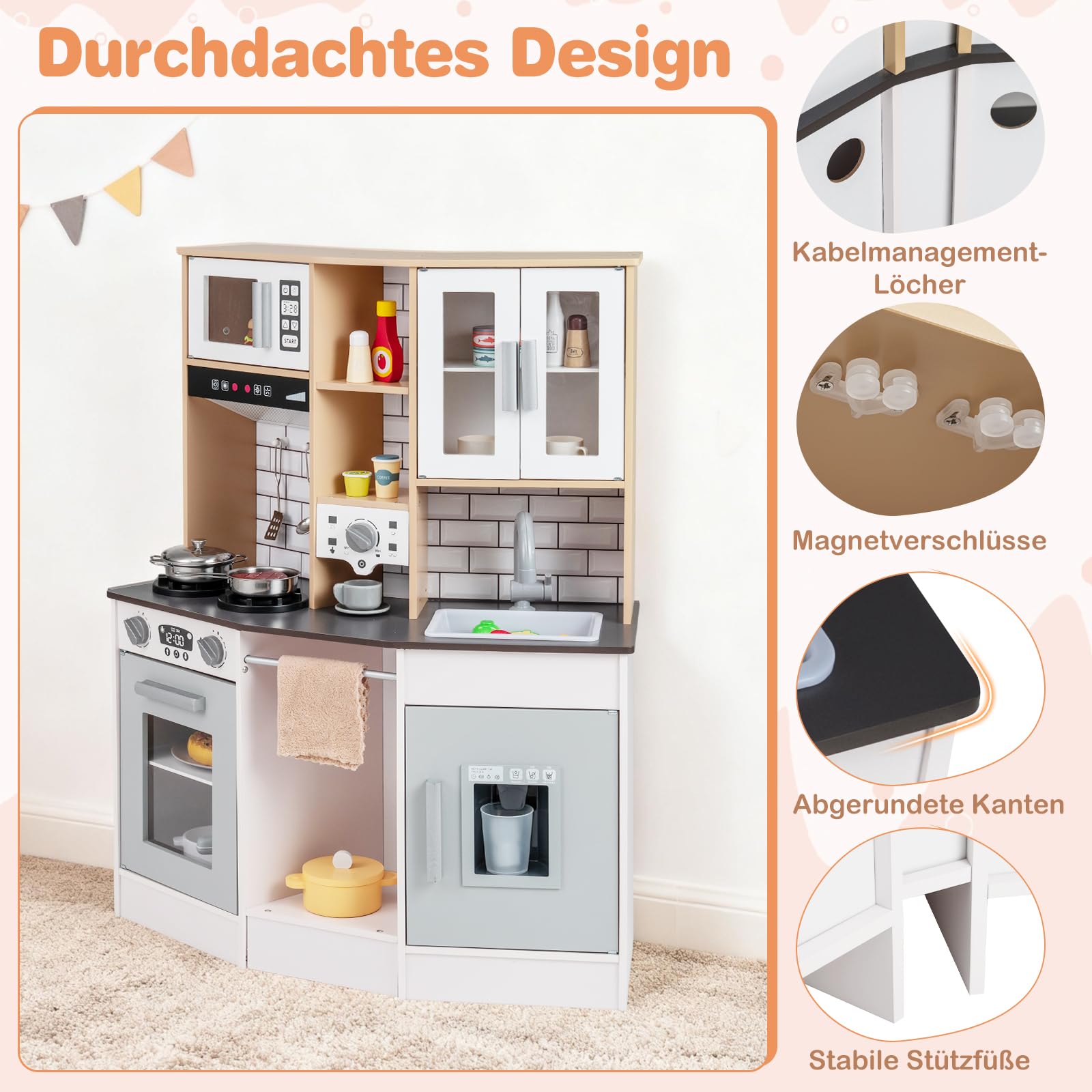 COSTWAY Kinderküche mit 10 TLG. Zubehör, Holz Spielküche mit Licht und Sound, Holzküche inkl. Herd, Spüle, Eismaschine, Kaffeemaschine, Mikrowelle & Ofen, Spielzeugküche für Kinder ab 3 Jahren (Grau)