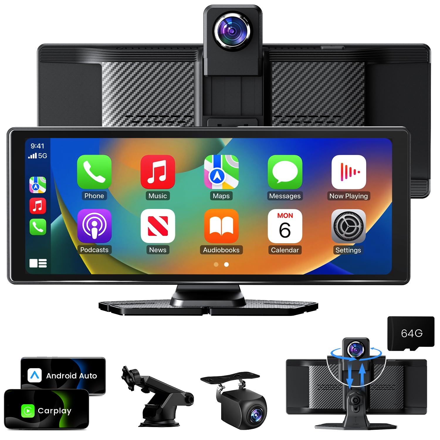 10.26" Wireless CarPlay Touchscreen 360° Rotation 4K Dash Cam Car Play Screen Carplay & Android Auto Portable Car Stereo 1080p Backup Camera GPS Navigation Bluetooth Mirror Link Voice Control/Siri