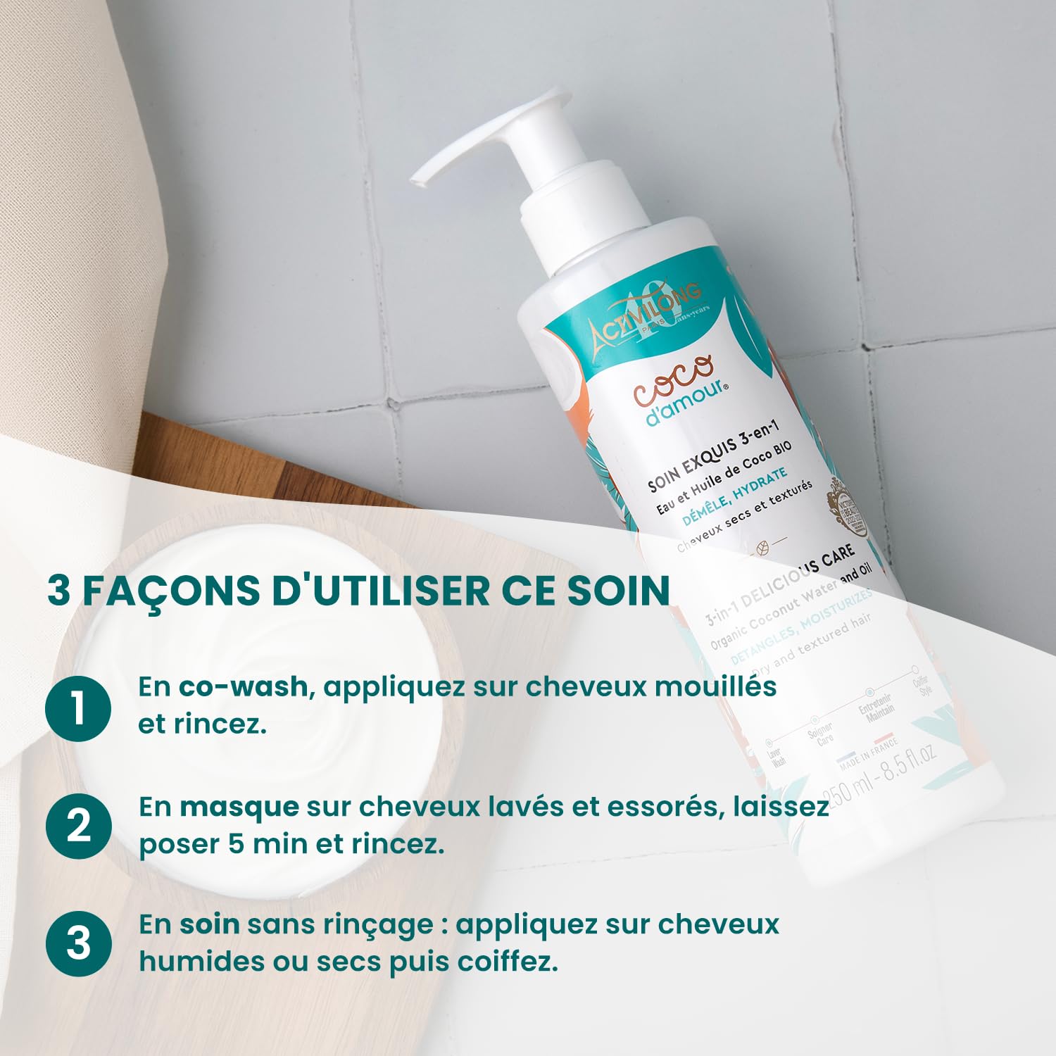 ACTIVILONG - Soin Exquis 3-En-1 Coco D'Amour - Cheveux Secs Et Texturés - Démêle Et Nourrit - 97% D'Ingrédients Naturels - Testé Et Approuvé Par Un Jury De Consommateurs - Made in France - 250ml