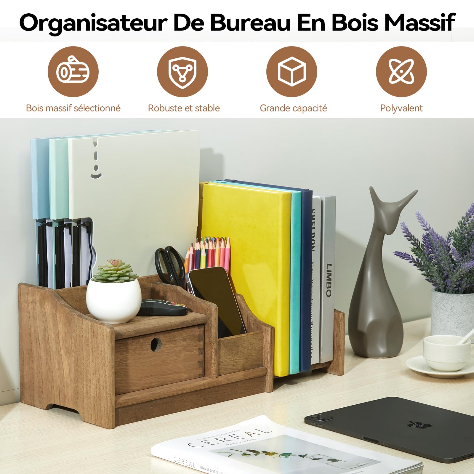 KIRIGEN Organisateur de Bureau en Bois, étagère de Bureau à tiroir, Brun