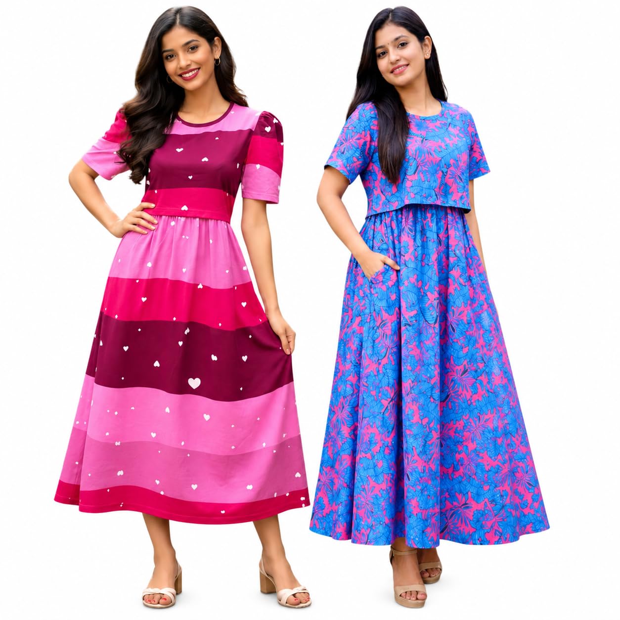 RENIS.Store Women's 100% Cotton Zipless Feeding Maternity Nighty Pack of 2 | Pull Up Nighty | Soft Pregnancy & Feeding Wear, Back Tie with Side Pocket | Pink Stripe_Blue,Pink Leaf | Size-XXL-image-11