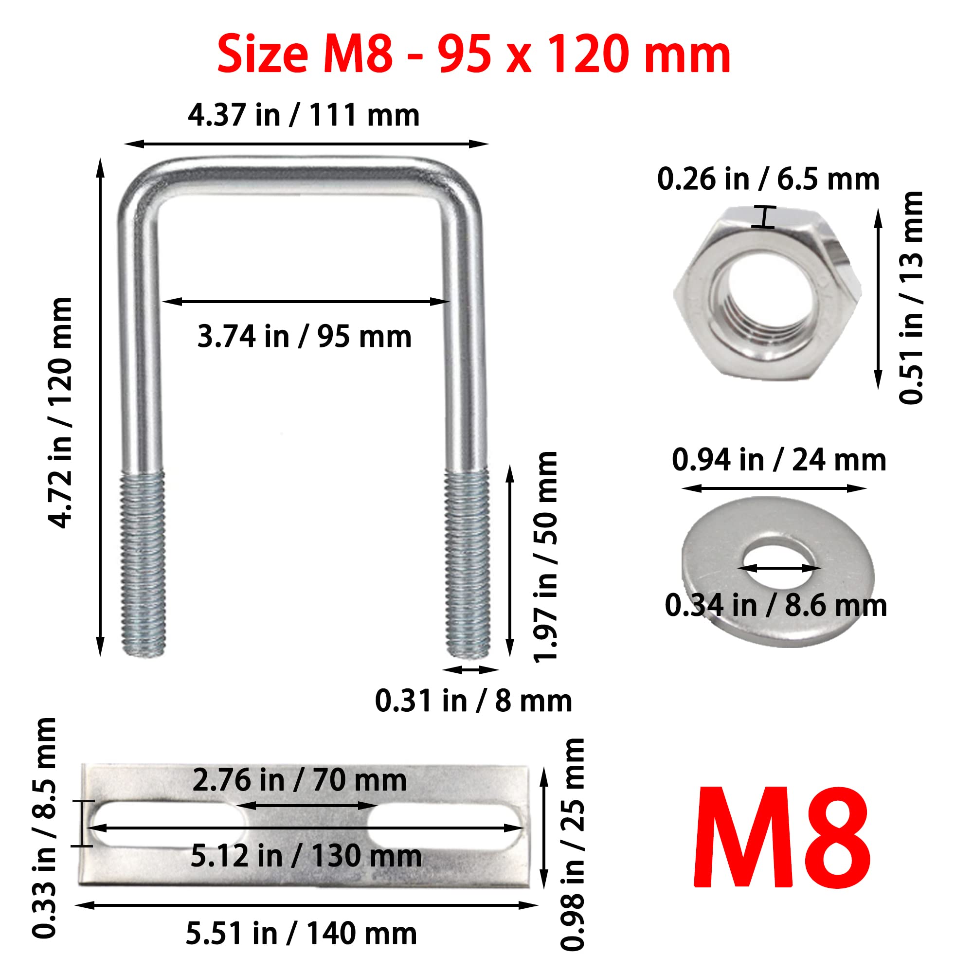 duoyif U Bolzen M8 95x120mm U Schrauben M8 Bügelschraube Quadratische Edelstahl Mit Mutter Rahmenplatte Unterlegscheibe U Bügel Für Rohr Befestigung Auto Schiffen Abschleppen 2Stück (95 x 120 mm)