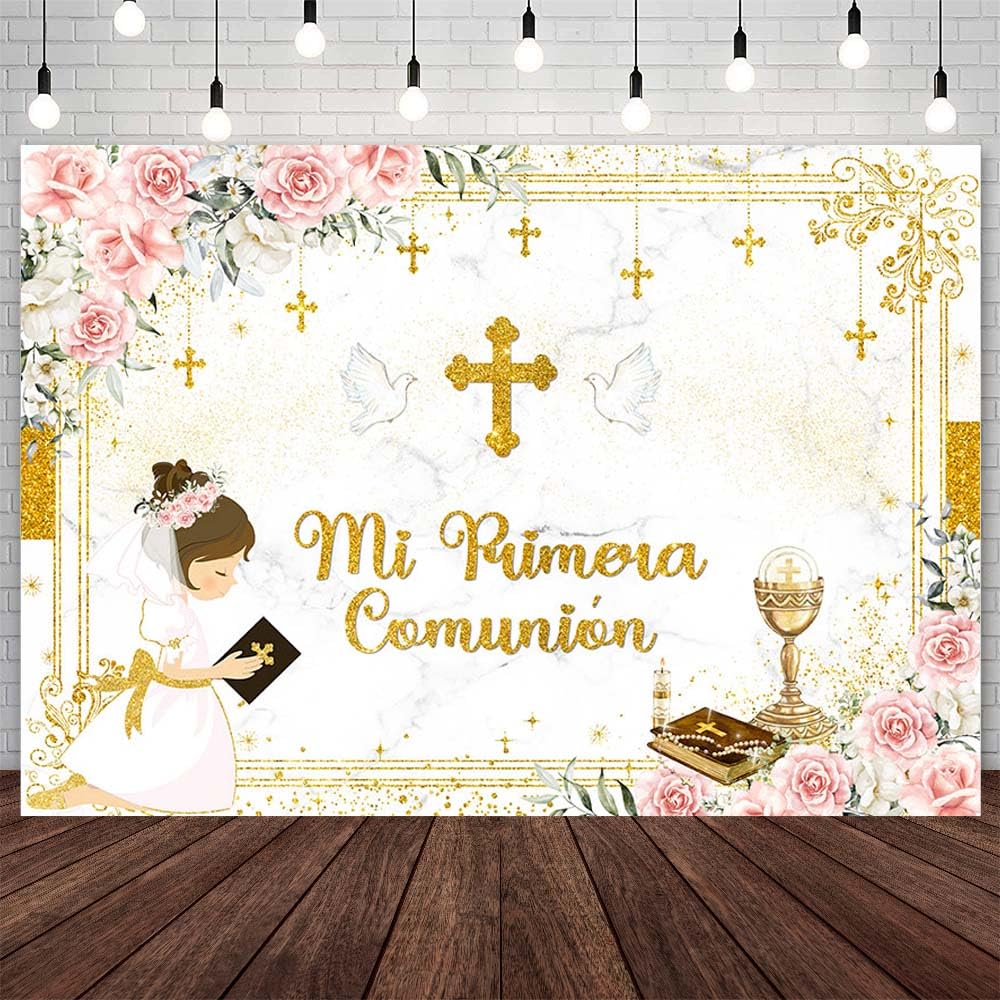 AIBIIN 7x5ft Mi Primera Comunion Backdrop for Girls Christening God Bless Baptism First Holy Communion Photography Background Pink Floral Chalice