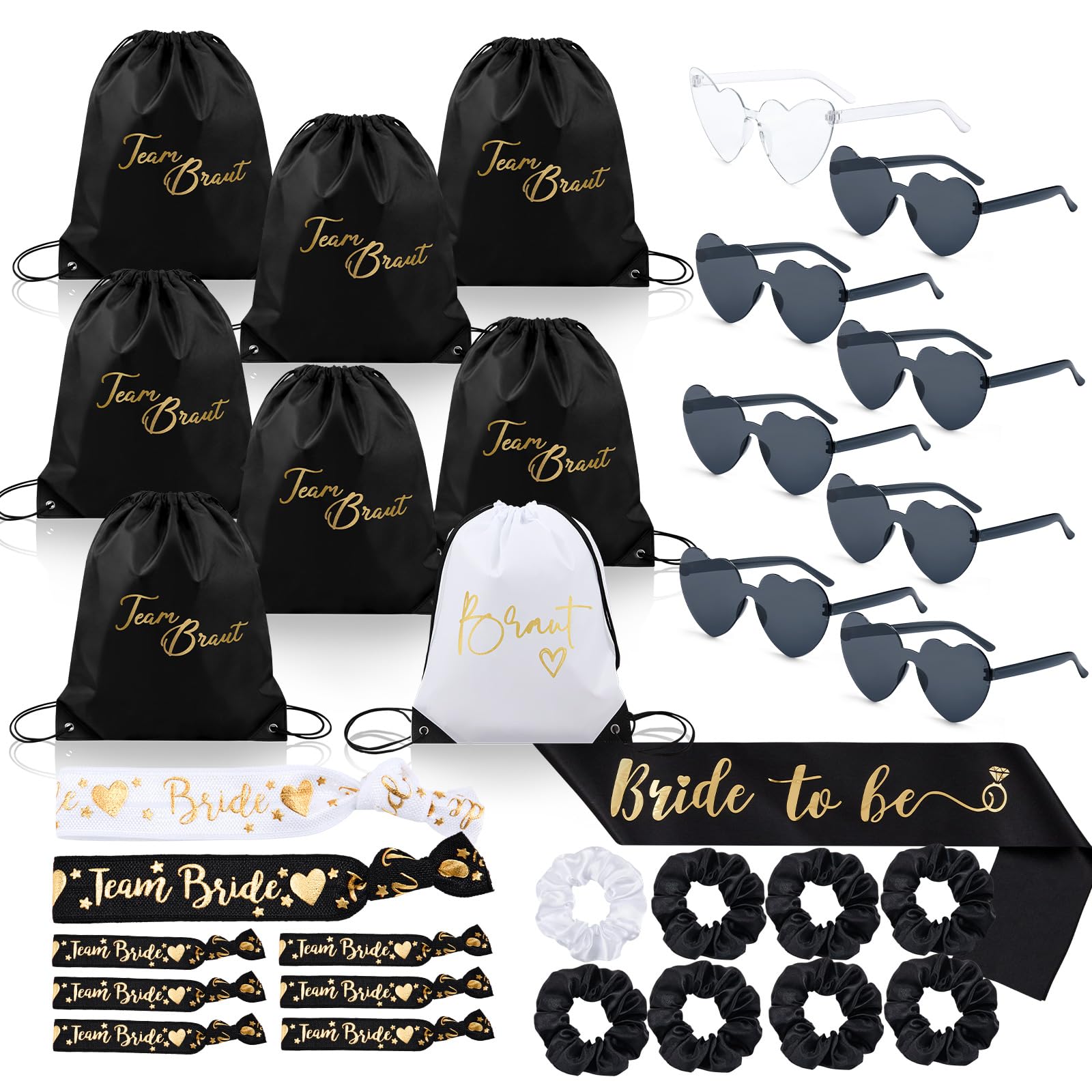 BBTO Lot de 33 Accessoires EVJF Femme Bride to Be & Team Bride Kit Enterrement de Vie de Jeune Fille avec 8 Sacs Cordon, 8 Lunettes Cœur, 8 Bracelets, 8 Chouchous et 1 Écharpe Mariée