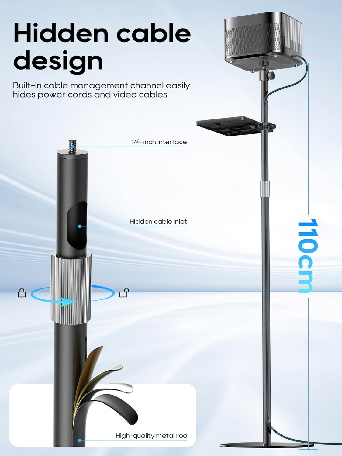 Projector Stand Height Adjustable, Floor Projector Mount with 1/4" Screw, Compatible with Projector, Camera, Webcam for Home, Office, and Outdoor (Black)