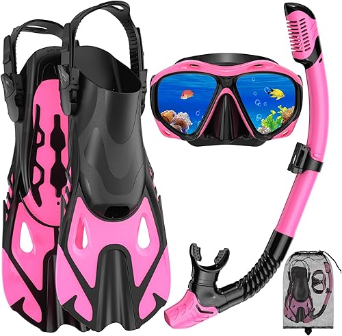 Snorkeling Gear for Adults, Mask Fin Snorkel Set, Dry Top Snorkel Mask, Panoramic View Anti-Leak Anti-Fog 3 in 1 Snorkeling Kit Travel Diving