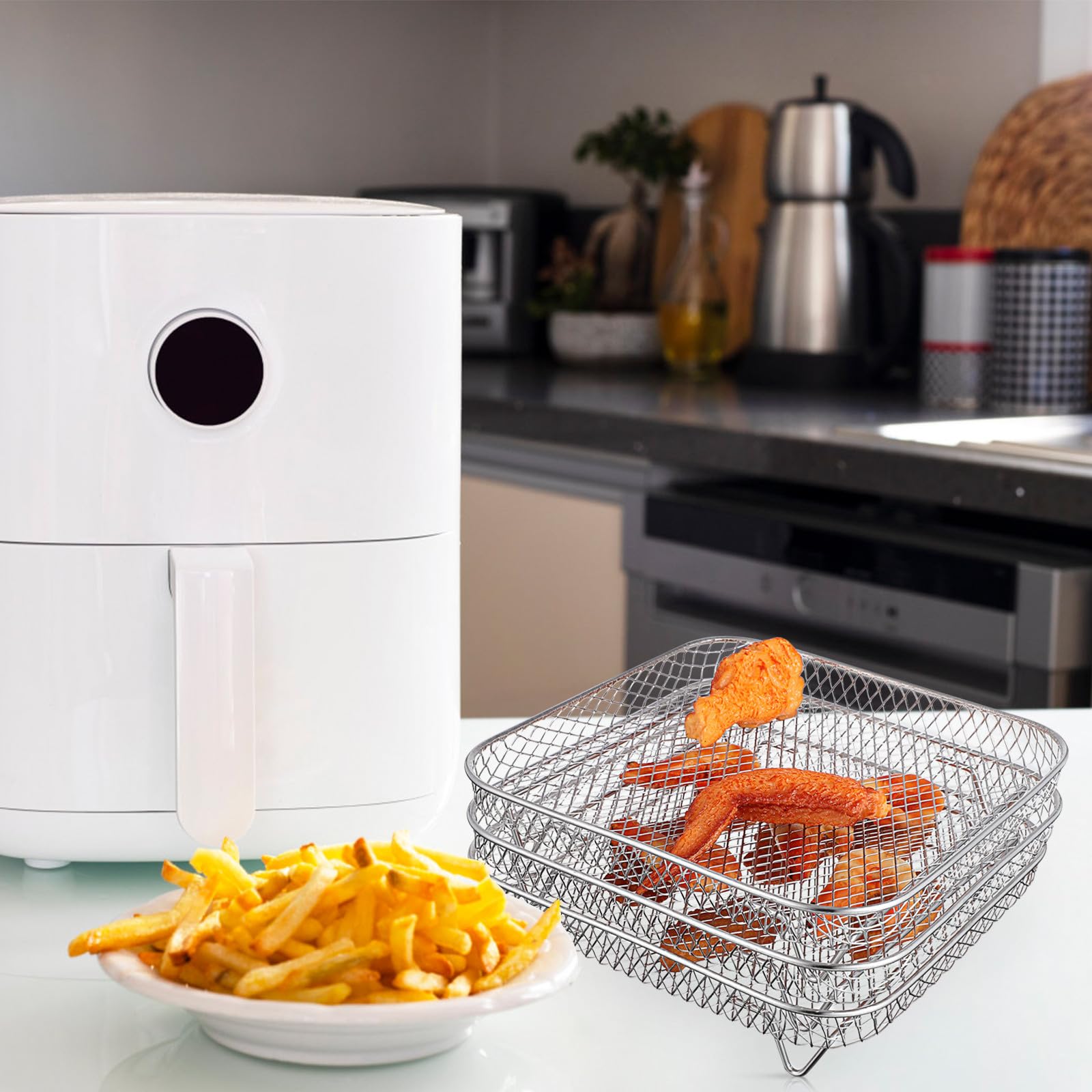 Didiseaon Rejillas Apilables para Freidora de Aire 3 Piezas de Acero Inoxidable Cuadradas Deshidratadoras con Pinzas Torre de Rejillas para Alimentos Accesorio para Freidoras de Aire