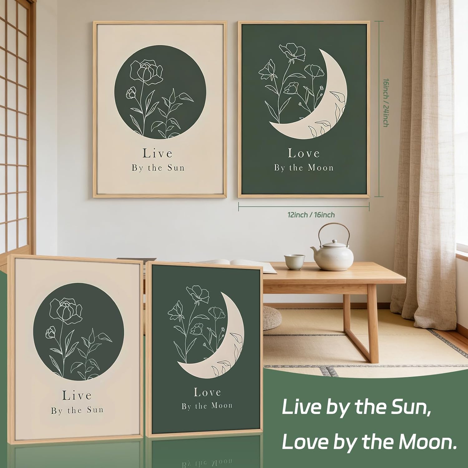 Framed Green Boho Sun and Moon Wall Art Set of 2 for Bedroom Modern Abstract Line Art Canvas Prints Motivational Quotes Picture Wall Decor Minimalist Bohemian Paintings for Living Room16x24Inches