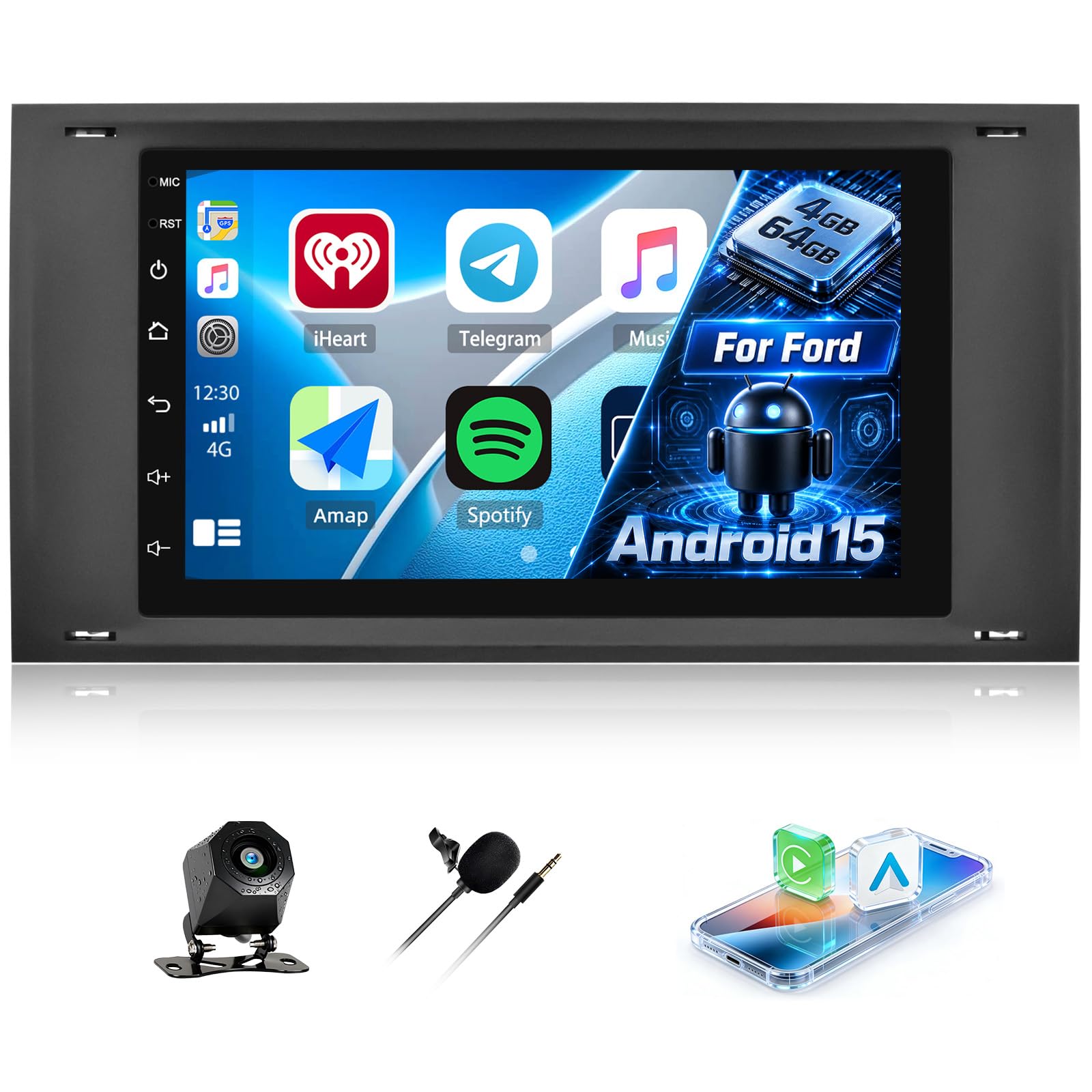 SIXWIN 4+64 GB Android 15 Autorradio para Ford C-MAX/Galaxy Mk2/Connect Mk1/Fiesta/S-Max con CarPlay/Android Auto, Pantalla Táctil de 7'' con WiFi, GPS, Bluetooth 5.0, Radio FM RDS, 32EQ+Cámara