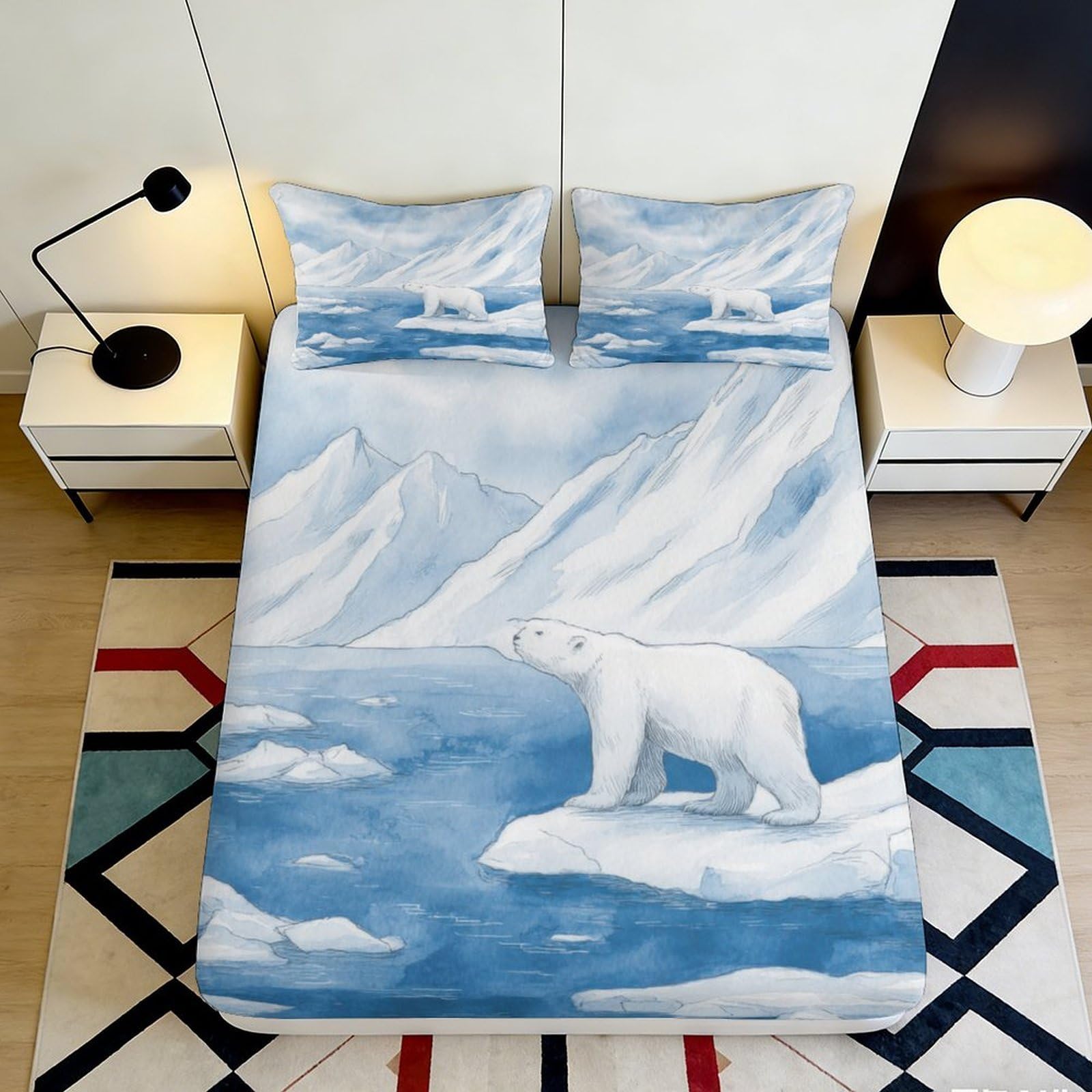 3D Printed Arctic Polar Bear Fitted Sheet Microfiber Soft Breathable Ice Glacier Bed Cover for Bedroom Guest Room Decor 160x200x25cm