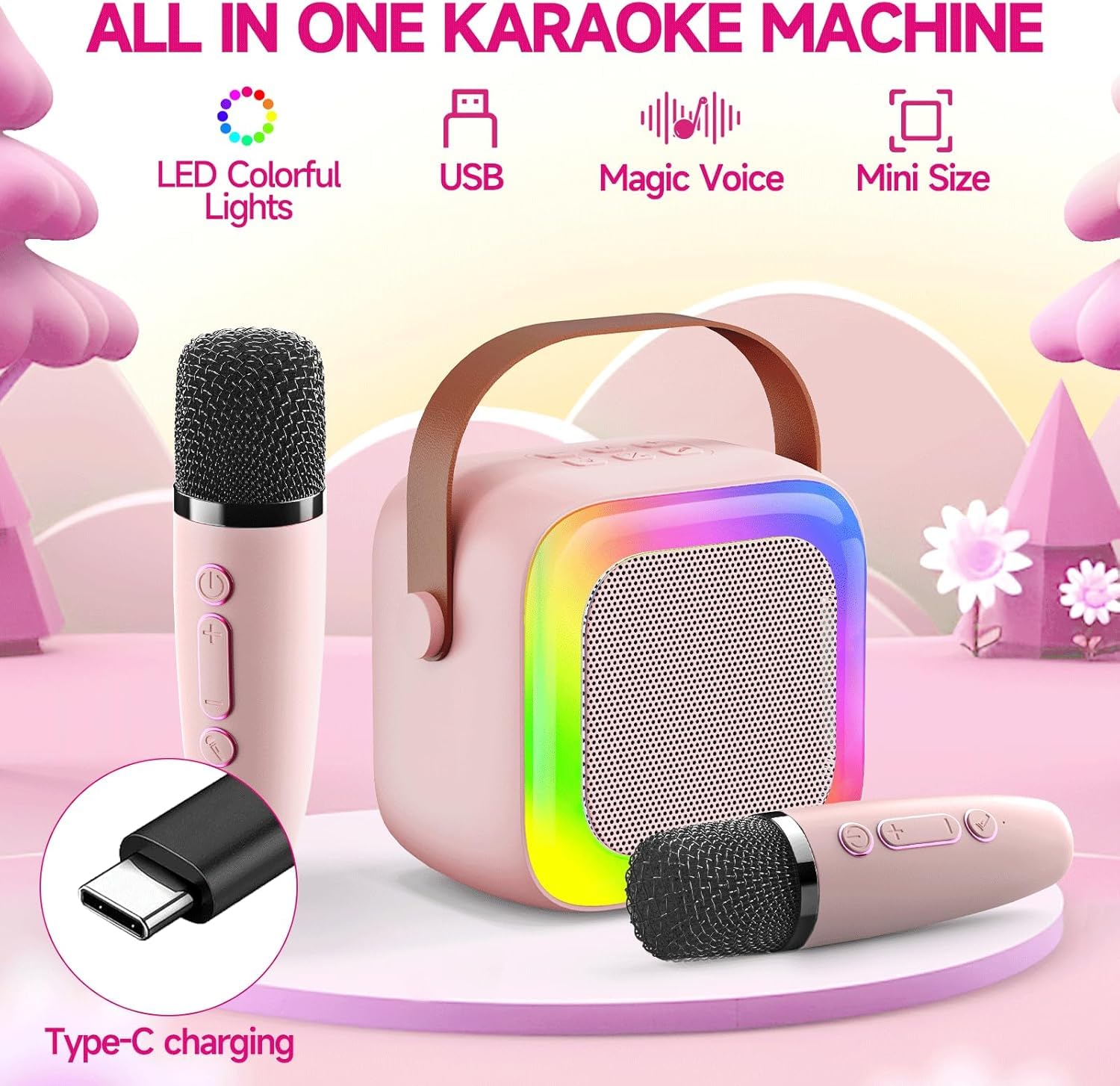 Mini macchina per karaoke per bambini, adolescenti, adulti, con 2 microfoni wireless e luci LED, giocattoli per feste, casa, regali per 4 5 6 7 8 9 10 11 12+ anni ragazze ragazzi