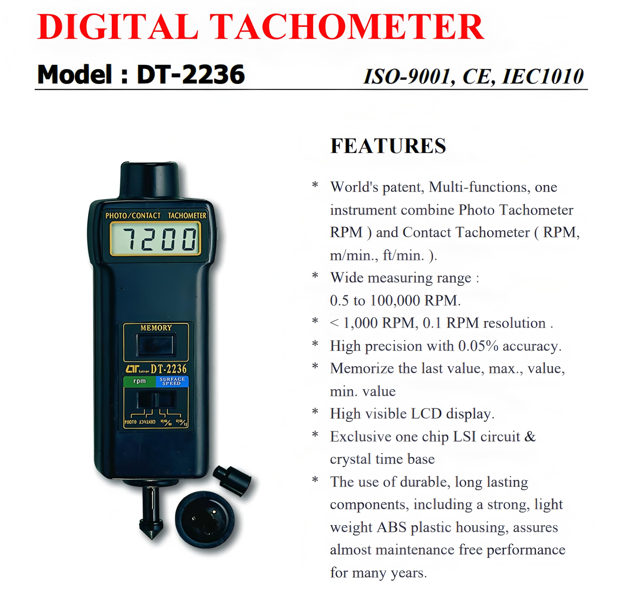 i-POOK 2 IN One DIGITAL TACHOMETER DT-2236 Combines Photo Tachometer (RPM) and Contact Tachometer HighResolution 0.1 RPM high precision 0.05% accuracy made in Taiwan