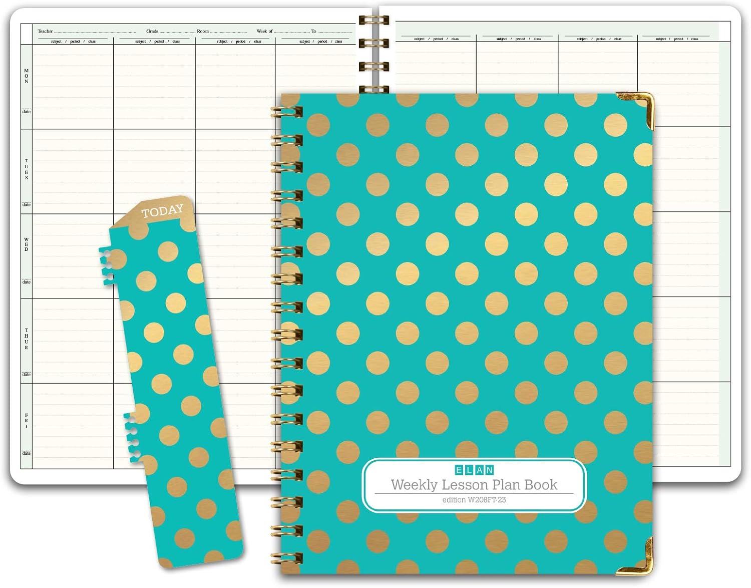 Elan Publishing Company HARDCOVER 8 Period Teacher Lesson Plan - Days Vertically Down the Side with Bonus Clip-in Bookmark (Gold Dots Turquoise)