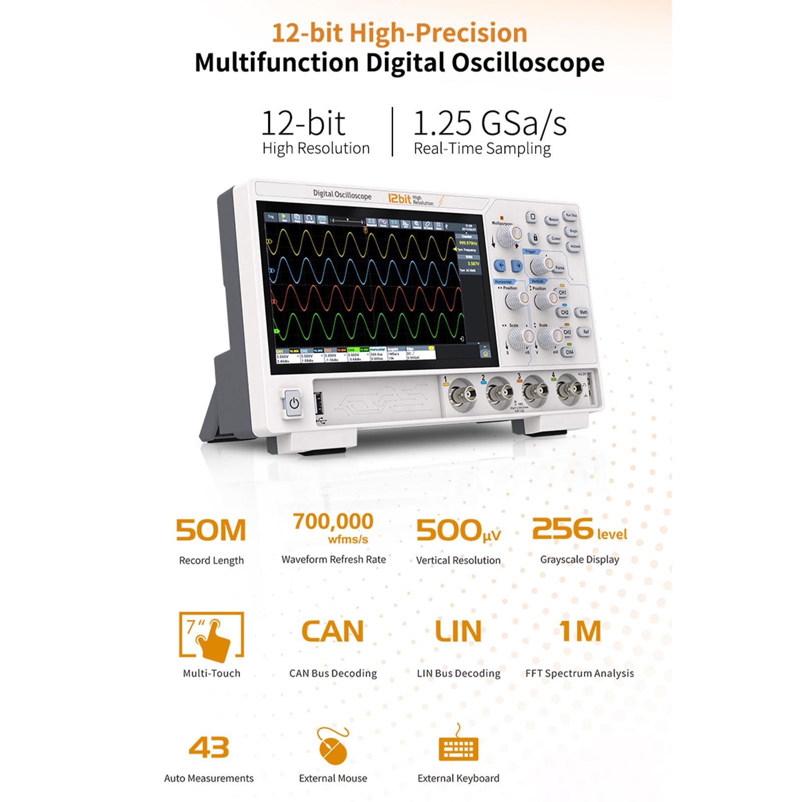Luocute 200-MHz-Digitaloszilloskop, 12 Bit, Hohe Auflösung, 4 Kanäle, 1,25 GSa/s, Echtzeit-Abtastung, 50 M Tiefe, 700.000 Wfms/s, Erfassungsrate mit Protokolldekodierung (EU-Stecker 100-240 V)