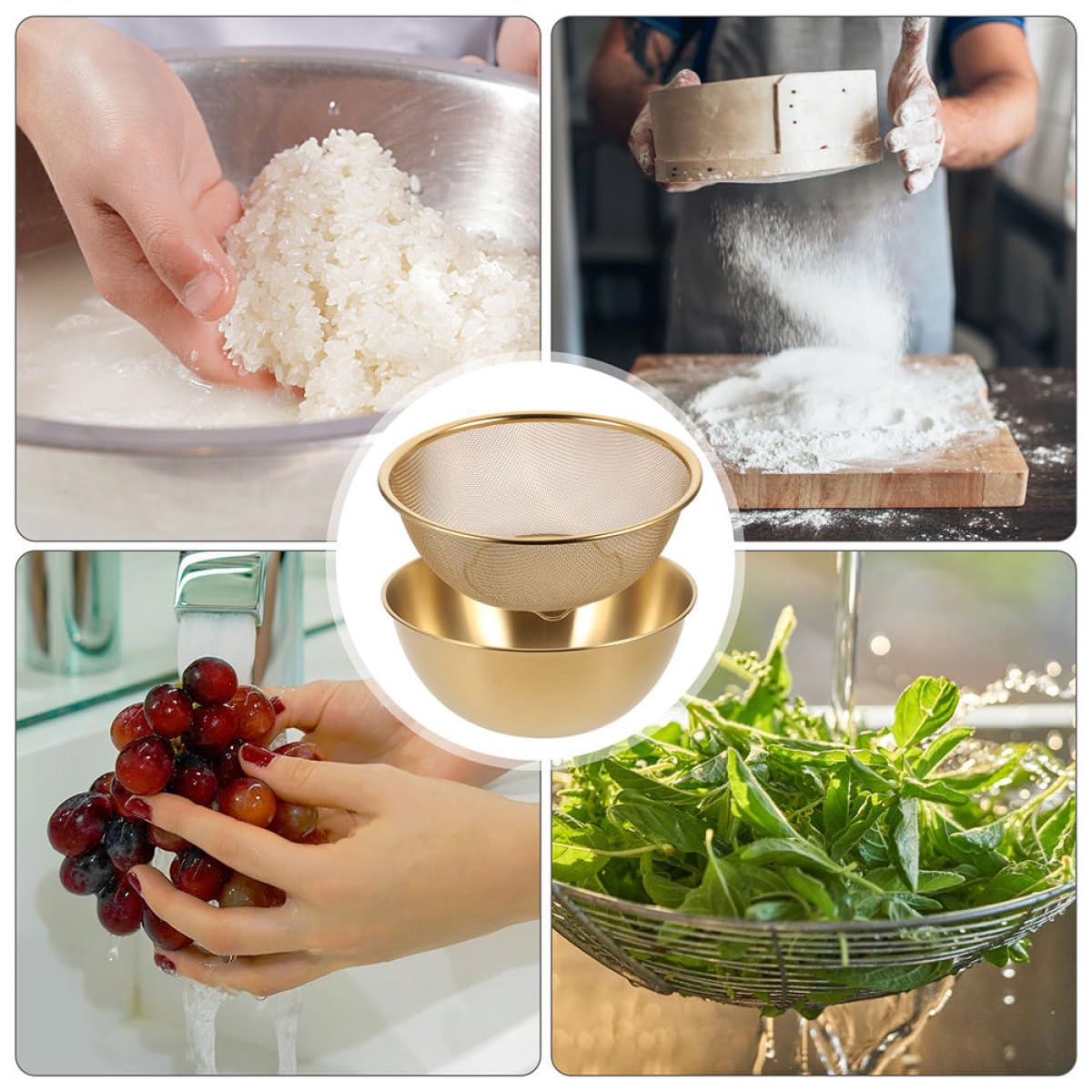 Hohopeti Escurridor de Arroz y Colador de Acero Inoxidable 24 CM Cesta de Malla Fina Dorada 2 Piezas para Lavar Verduras y Frutas Cedazo Multifuncional Base Antideslizante para Cocina