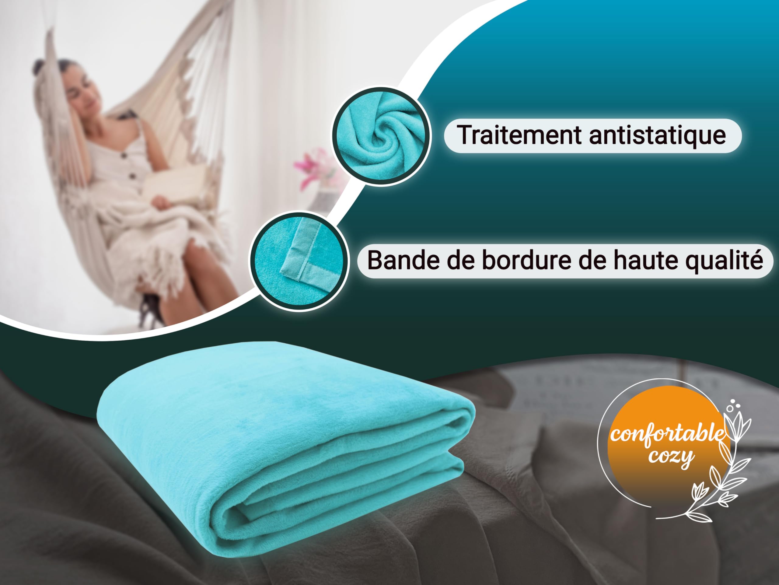 ZOLLNER Couverture Douillette Moelleuse en 150x200 cm - Couverture de canapé Douce en Turquoise - Lavable jusqu'à 40°C - avec Bande de Bordure - qualité hôtelière - certifiée Oeko Tex®