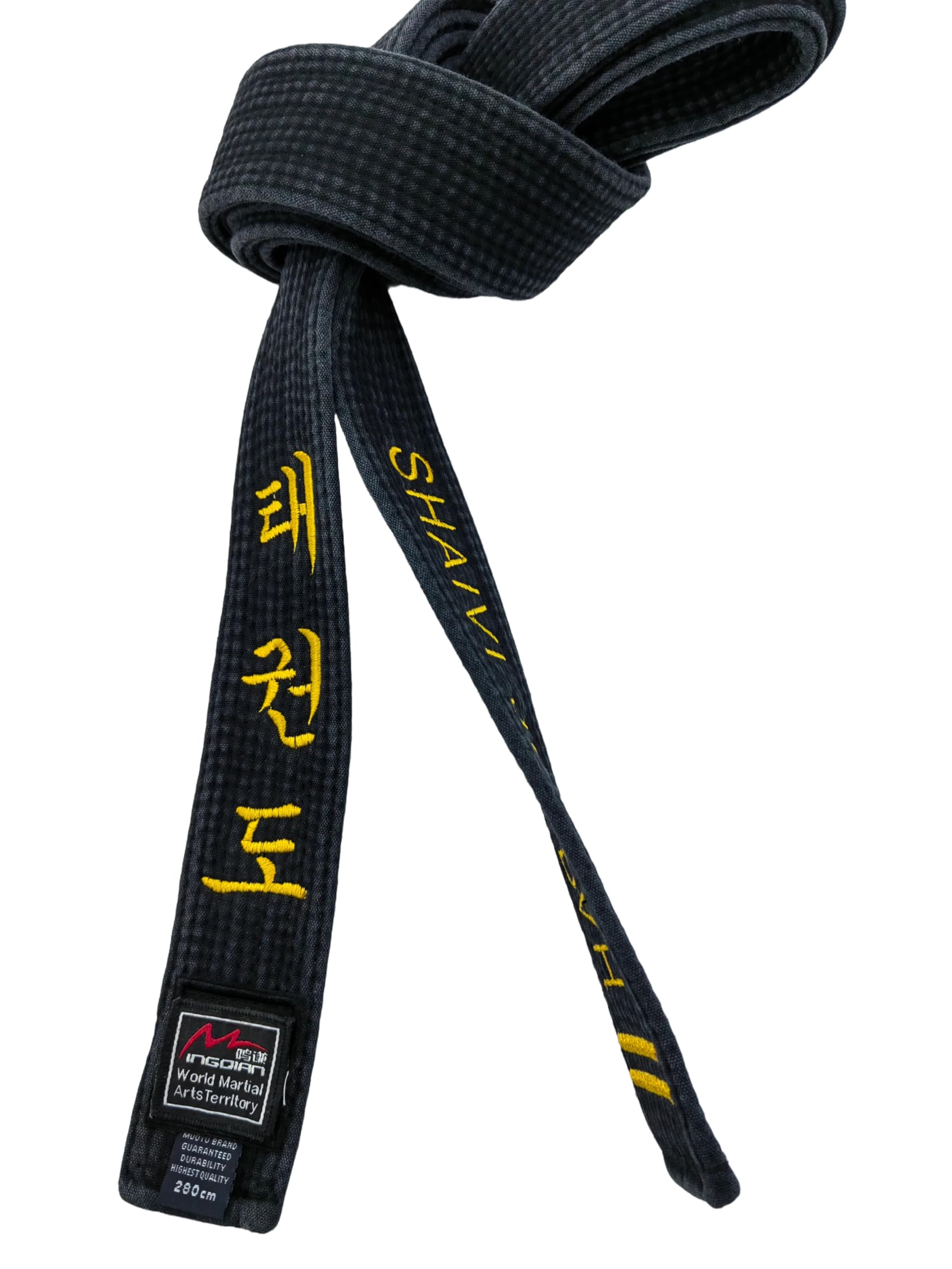Generico Cintura nera da maestro di Taekwondo, larghezza 5 cm, cintura Taekwondo con ricamo coreano, nome personalizzato, 100% cotone lavato.