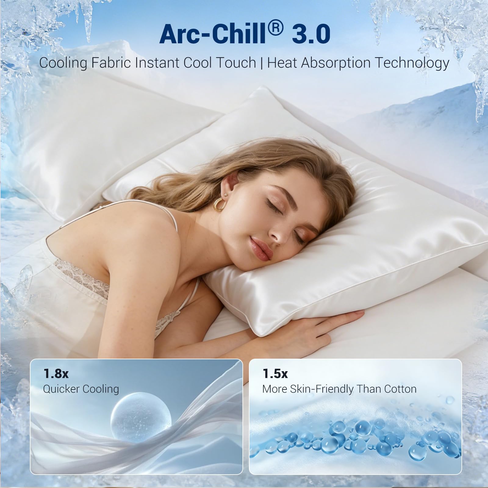 Marchpower Federe rinfrescanti in seta, 2 pezzi, Arc-chill 3.0 Q-MAX 0,5, in fibra di raffreddamento, traspiranti, con design su entrambi i lati, delicate sulla pelle, antistatiche, 50 x 75 cm, bianco