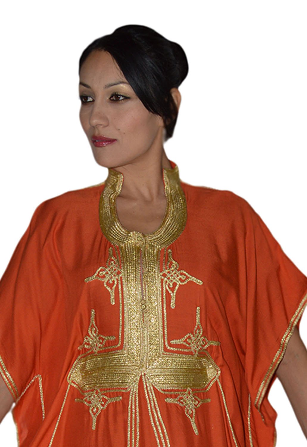 Moroccan Caftan Hand Made Breathable Cotton with Gold Hand Embroidery Long Orange