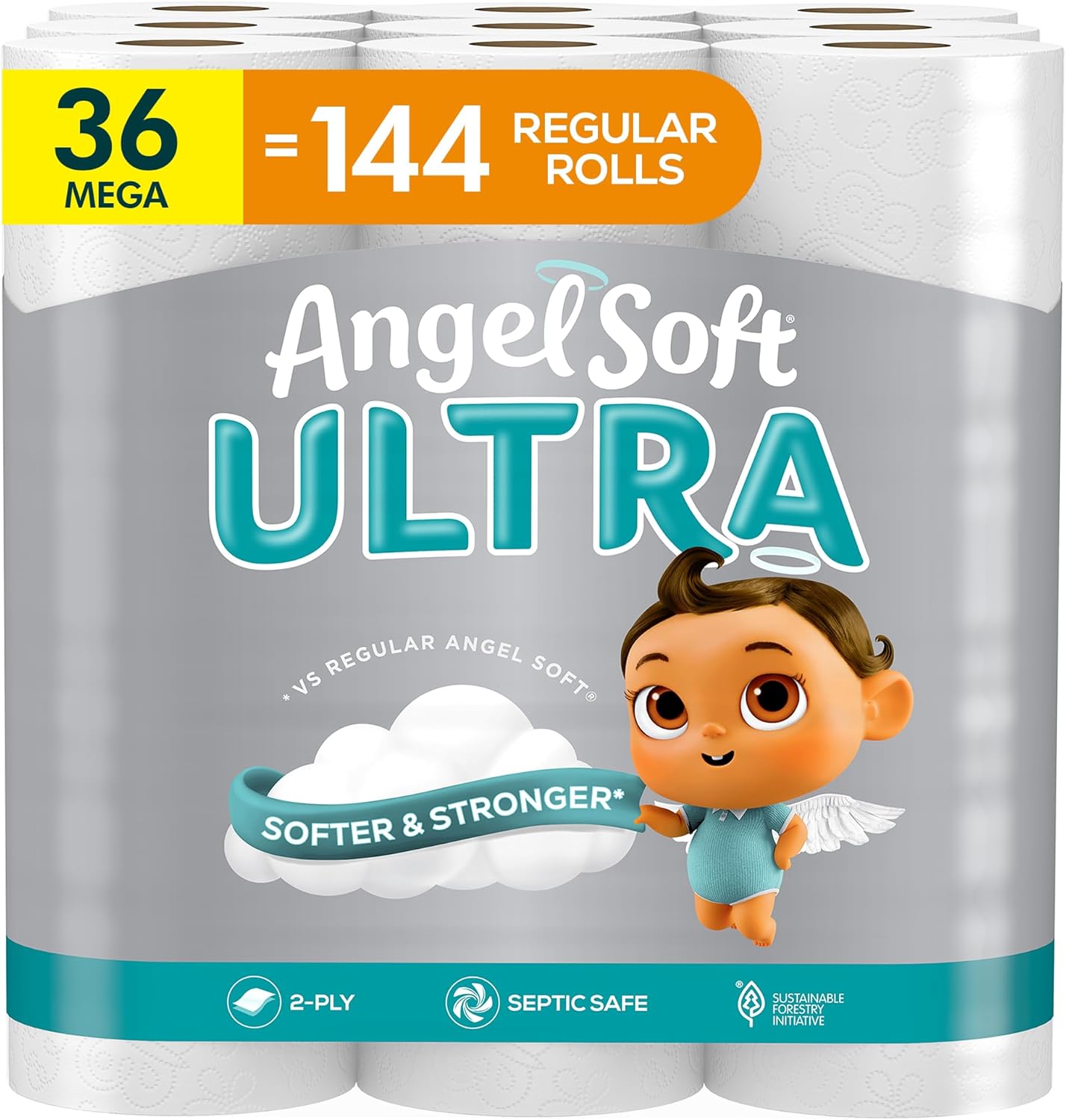 Angel Soft Ultra Toilet Paper, 36 Mega Rolls = 144 Regular Rolls, 2 Ply Toilet Tissue Mega 36 Mega Rolls (Pack of 1)