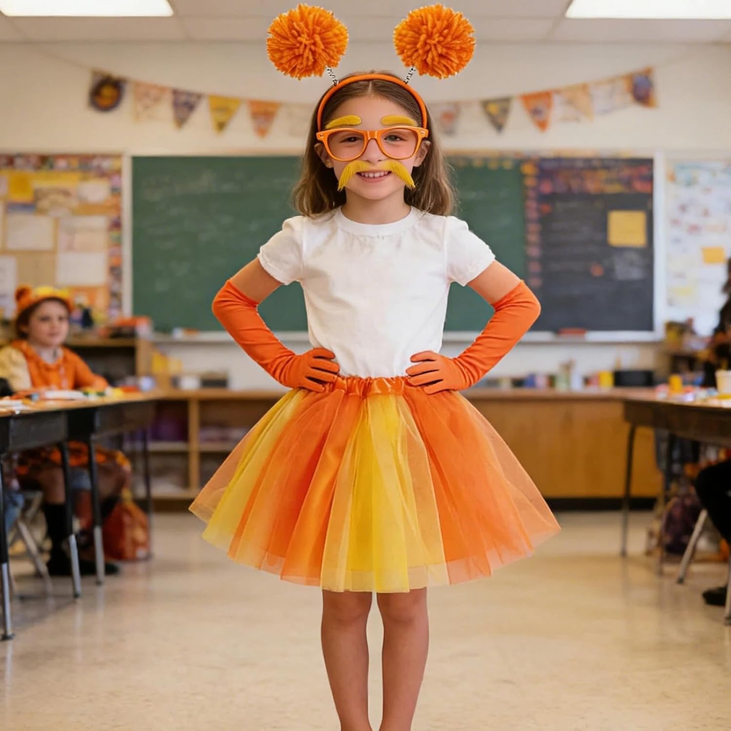 Orange Tutu Costume Set for Kids Girls Yellowe Plush Headband, Gloves, Glasses Spirit Day Girls Tutu Costume Halloween 80s Cosplay Birthday Party - Image 4
