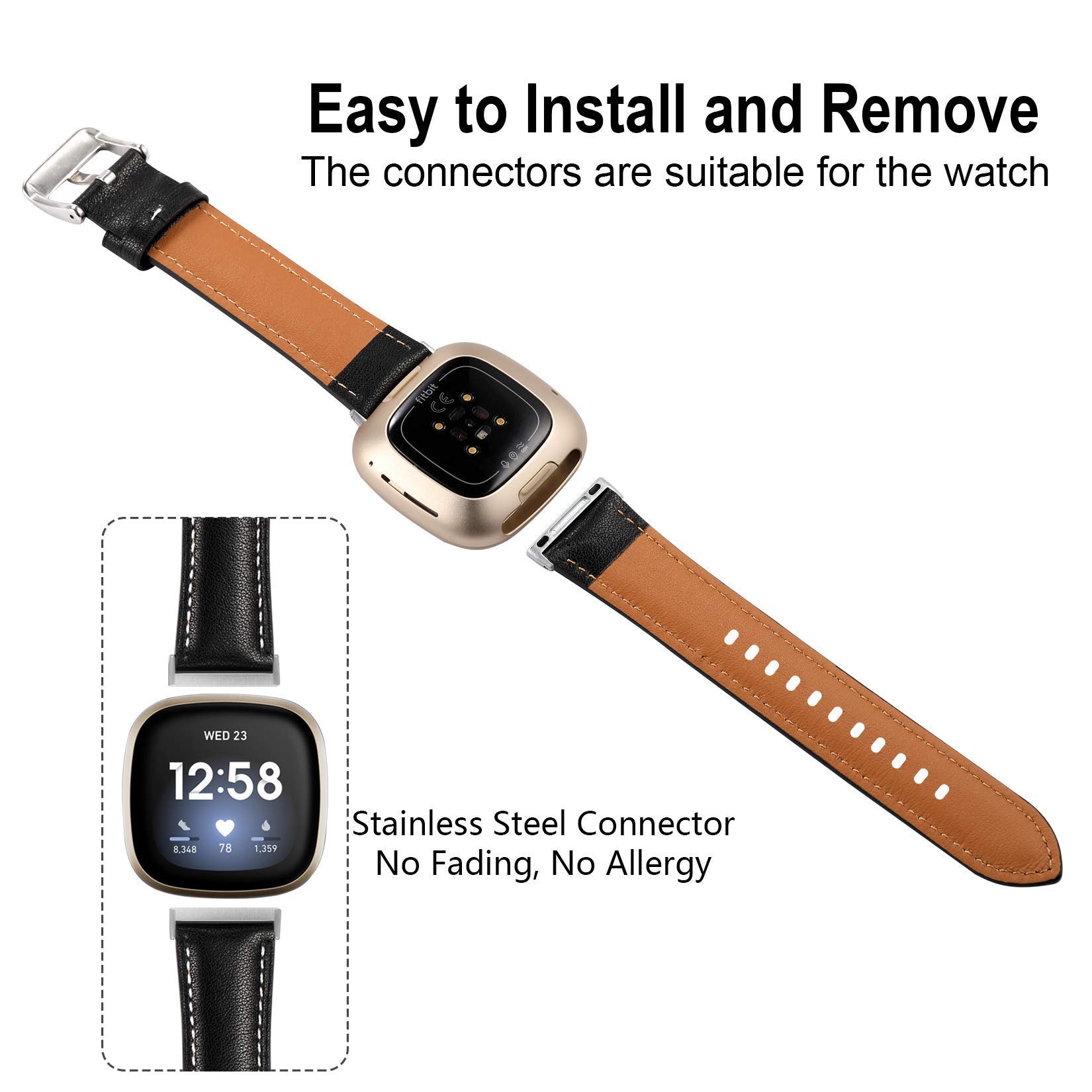 Vanjua Correas Para Fitbit Versa 4 / Versa 3, Fitbit Sense 2 / Sense Bandas Para Mujeres Y Hombres, Correa De Repuesto De Cuero Genuino Compatible Con Fitbit Sense 2