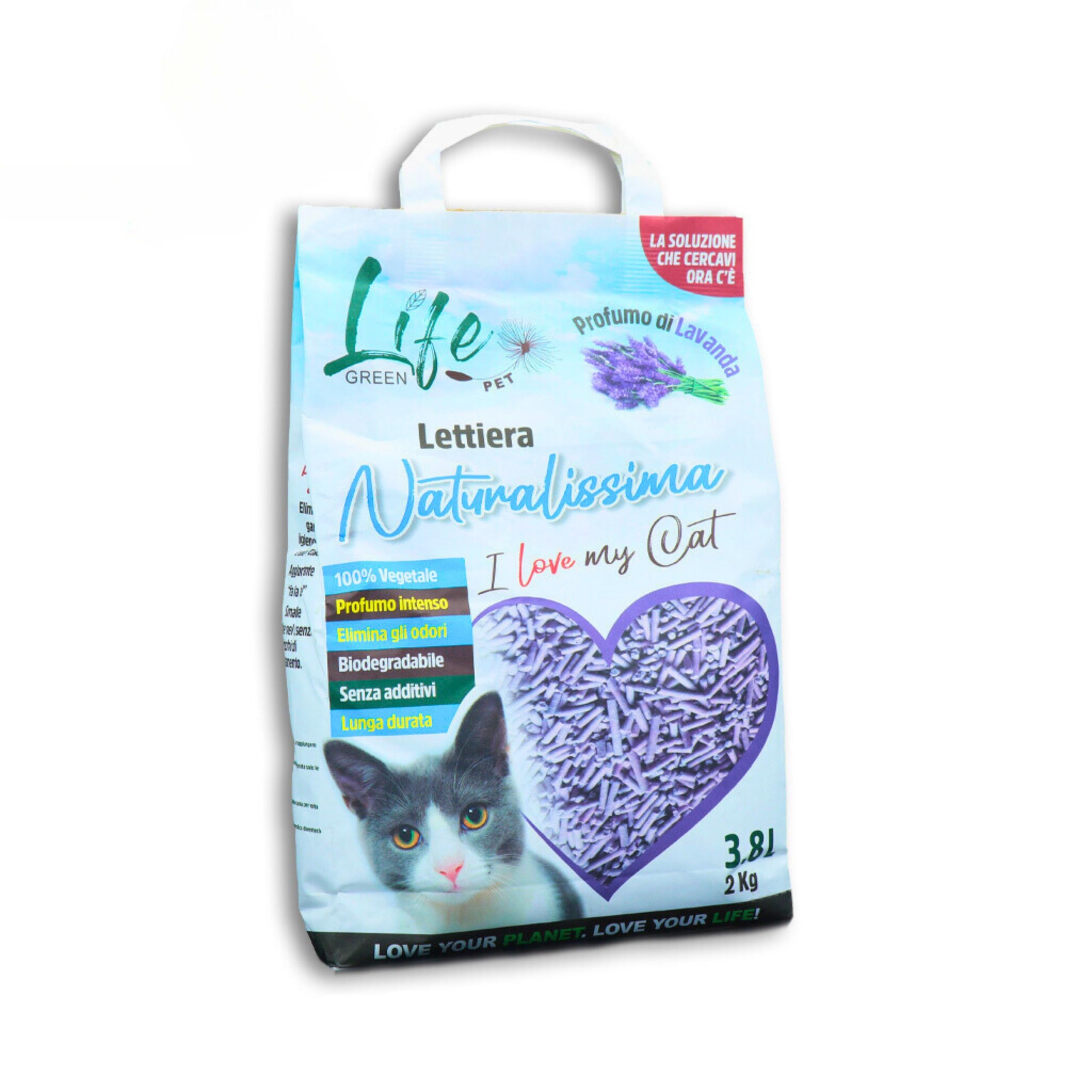 LifeGreen Lettiera Naturalissima per gatti 2 kg Lavanda, con Fibra di Pisello e Amido di Mais, Vegetale, Biodegradabile, Agglomerante 3.8L, Elimina odori